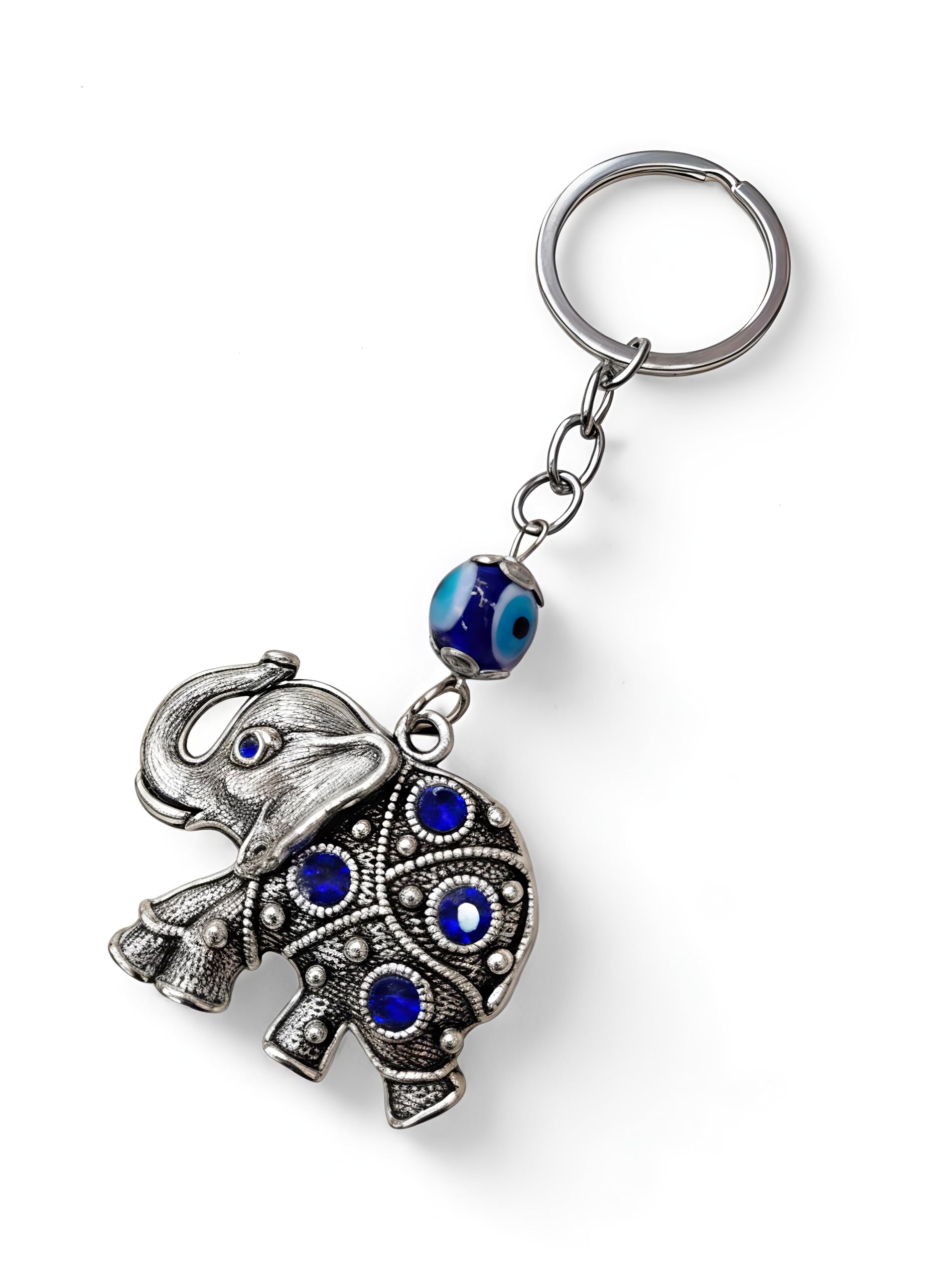 ( 1 PCS Elephant Metal Keychain Blue Beads Blue and Silver Evil Eye with Elephant Design Keychain for Bike/Car Gifting with Key Ring Anti-Rust (ZX1)-image-16