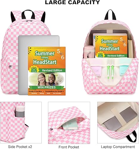 Miniatura 2 de Dezcrab Mochila para niñas, niños, mochila escolar para adolescentes, mujeres, universidad, mochila casual, Rosa a cuadros., Mochilas de viaje