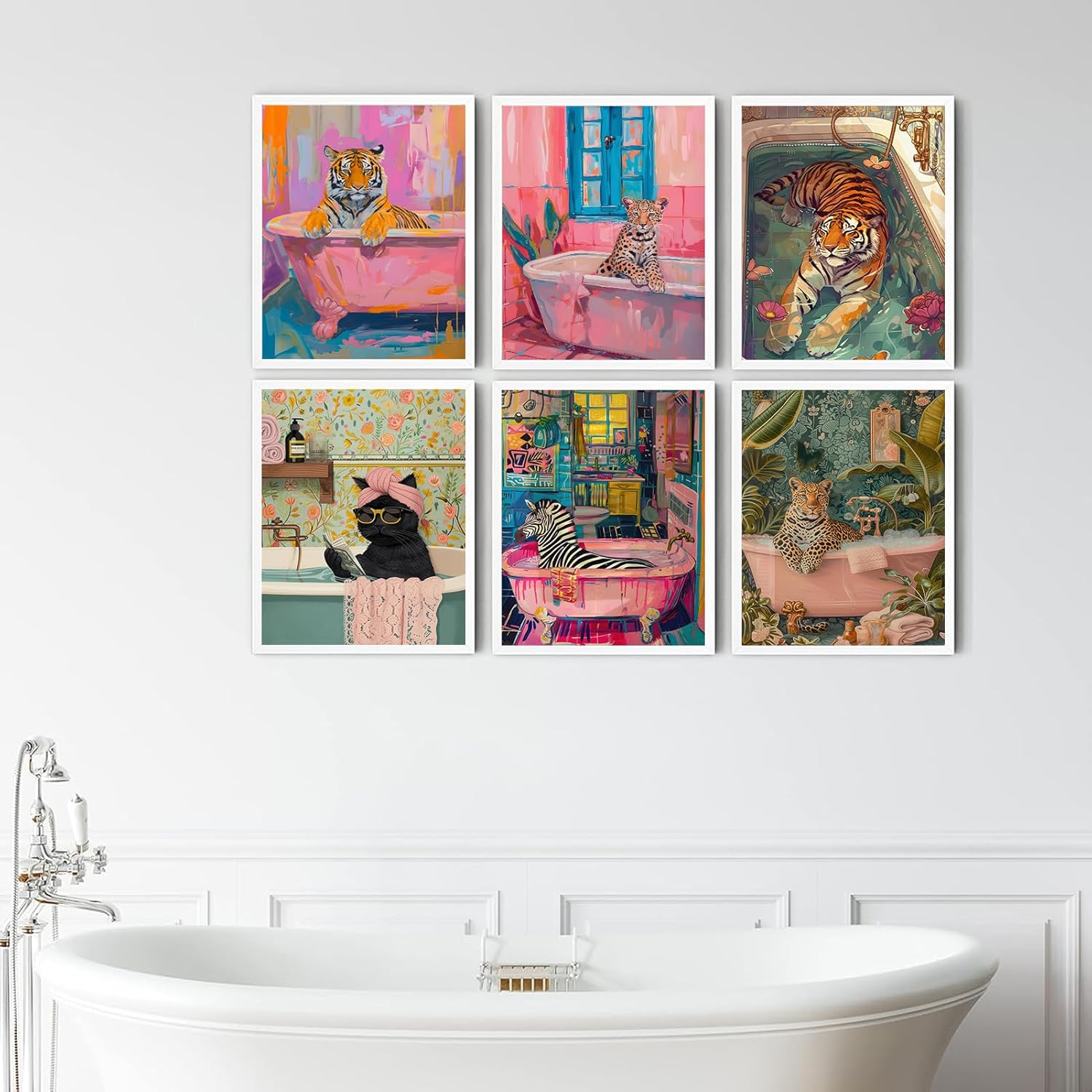 Funky Animals Bathroom Wall Art Set of 6 Eclectic Pink Tiger Leopard Cat Zebra in Bathtub Wall Decor Pictures Colorful Maximalist Fashion Feminist Dopamine Posters Prints Restroom Decoration (12x16in poster)