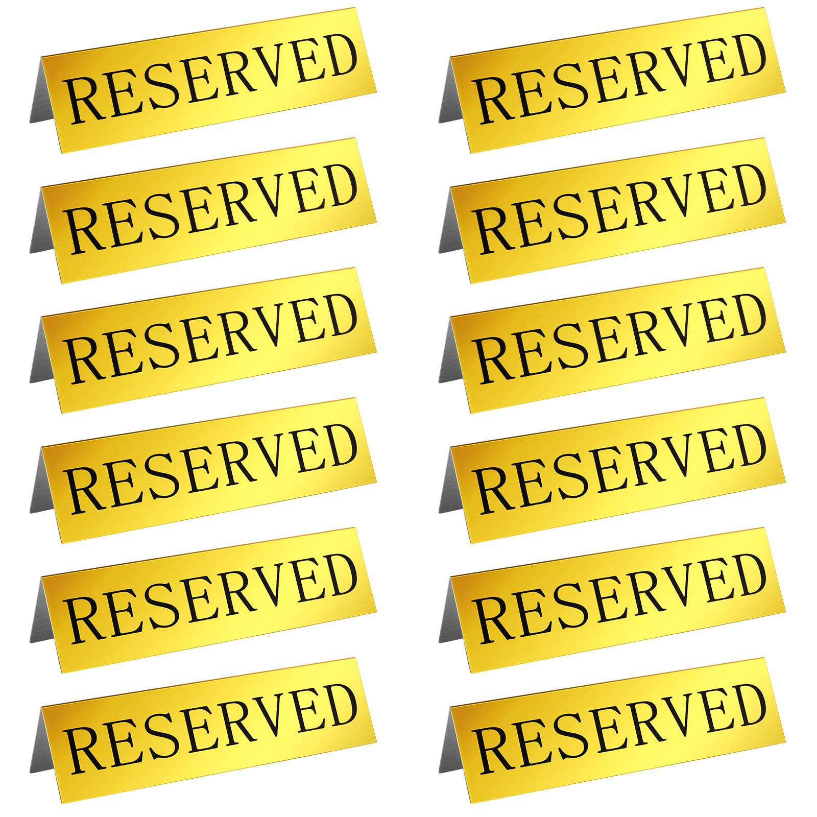 Peryiter 12 Pieces Table Top Reserved Sign Metal Reserved Table Signs Reserved Seating Signs Double Sided Table Tent Sign for Wedding Restaurant Family Ceremony Events, 5.91 x 3.15 Inches (Golden)