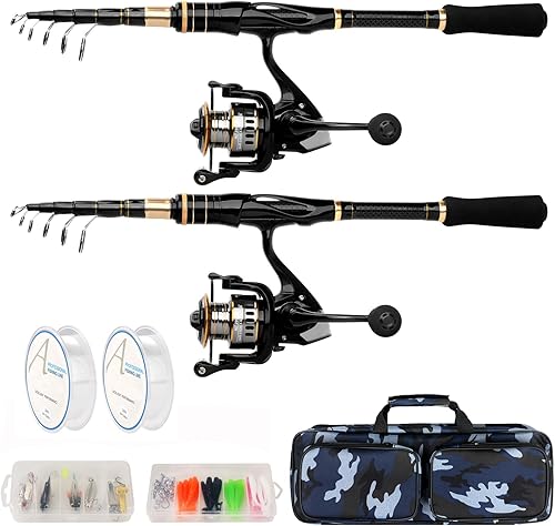 Combo de carrete de caña de pescar telescópico plegable con bolsa de aparejos compacta, juego de equipo de pesca, kit de caña de pescar de viaje