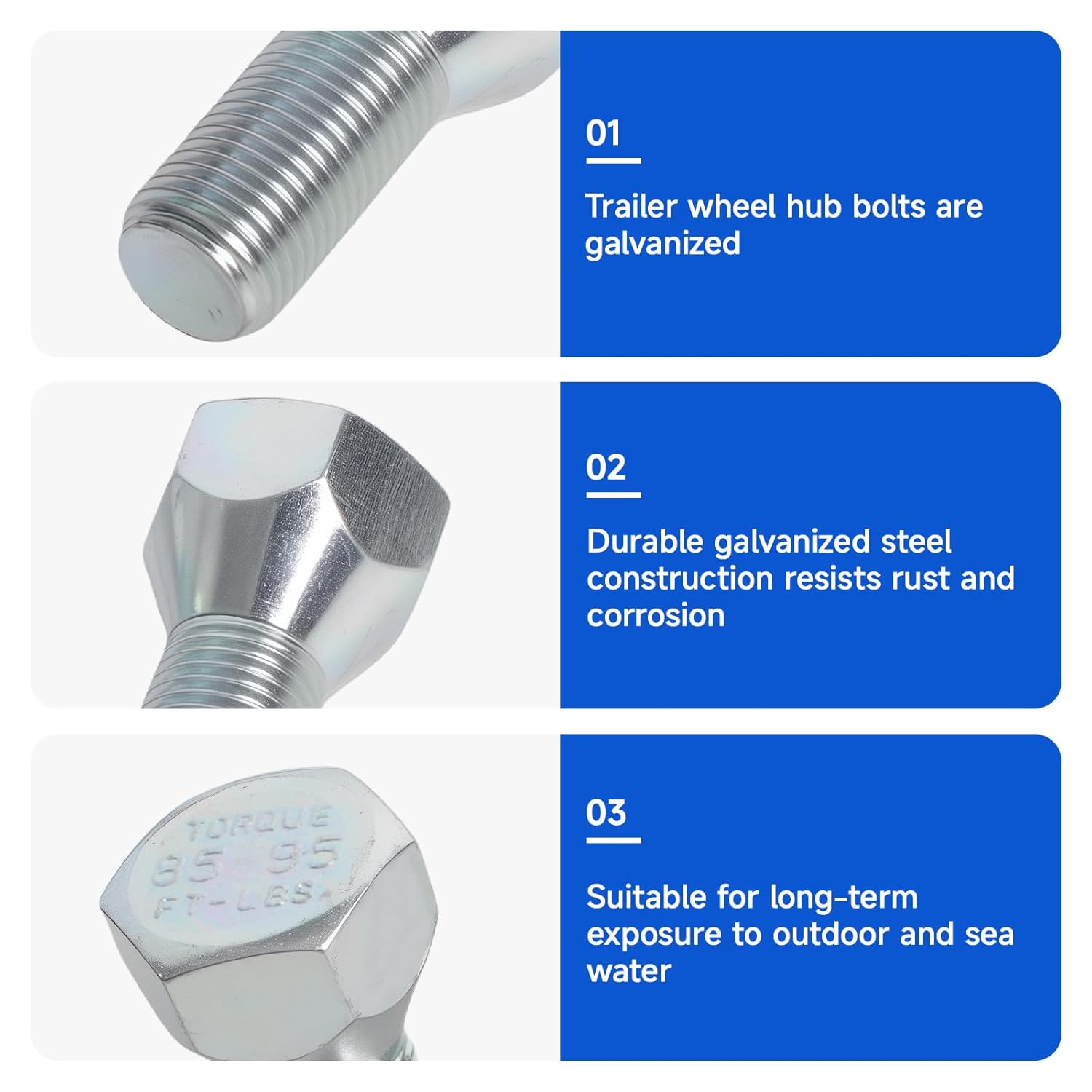 (10-Pack) for 11062A Trailer Wheel Bolts 1/2"-20 x 1-5/8" Zinc-Plated Lug Bolts Durable Hardware Suitable for Marine, Utility, and Boat Trailers Compatible with Most Common Trailer Hubs