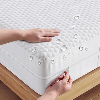 OhGeni 100% Waterproof Zippered Mattress Protector,Queen Size Mattress Encasement,Cooling Breathable Fitted Sheets,Washable Bed Cover with 99pcs Hexagonal Filled Bumps