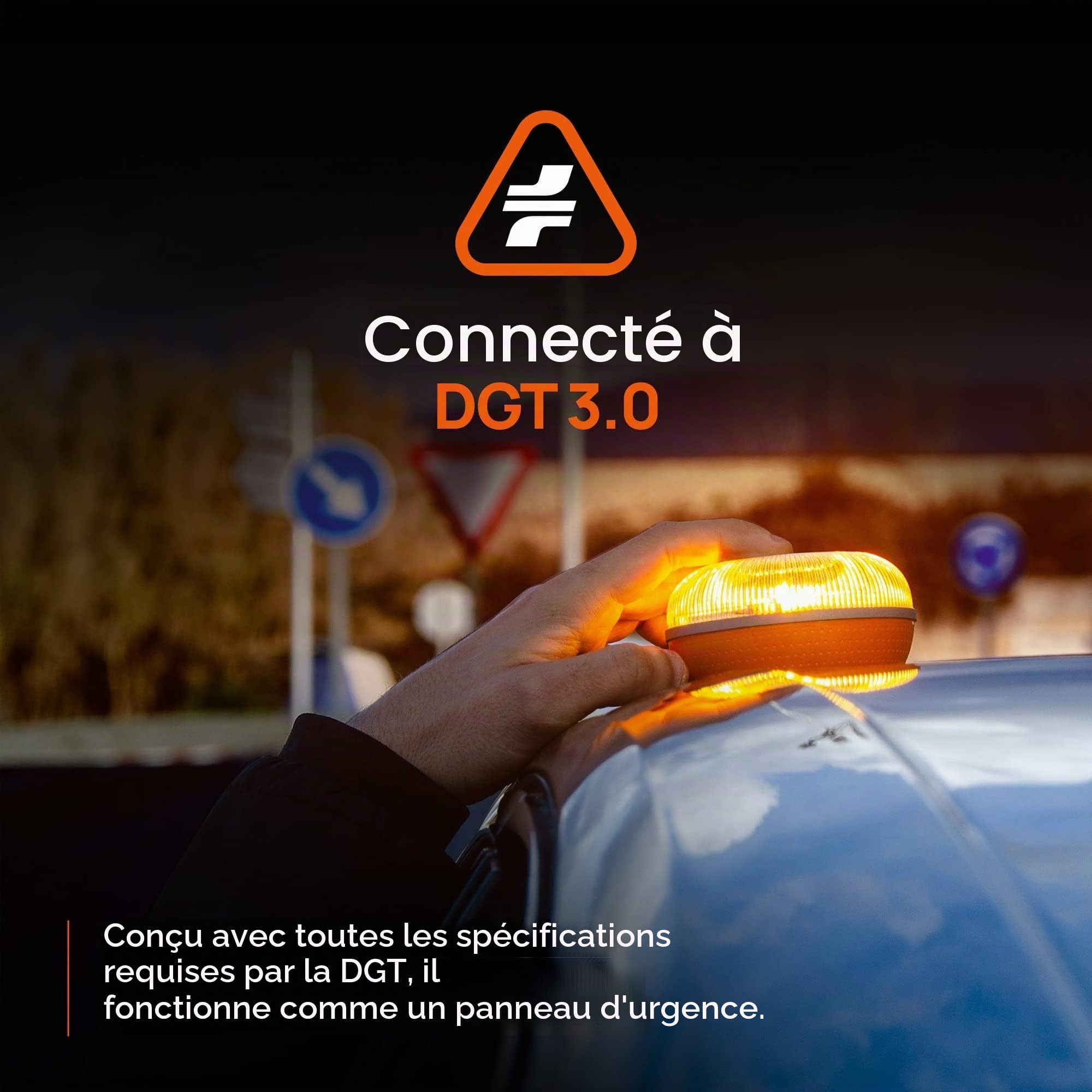 FlashLED SOS Lumière d'urgence V 16 connectée homologuée DGT 3.0 Obligatoire, SIM, Service de données Inclus jusqu'à 2038, Base aimantée, résistance IP54 + Help Flash Smart connectivité Incidence App