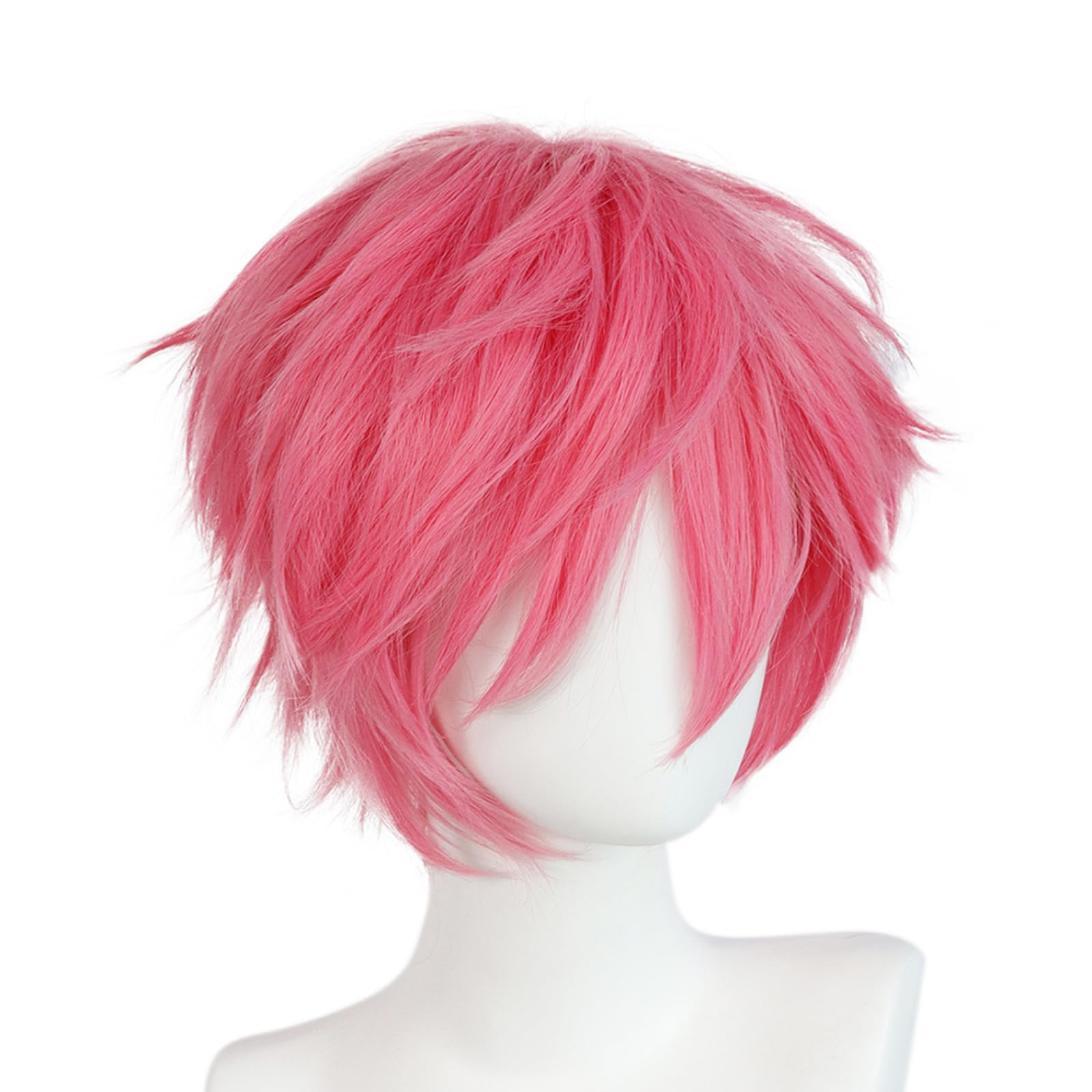 BEKIDER+1 Hair Cap Short Pink Wig for Men Pink Wavy Wig with Bangs for Halloween Christmas Event Costume Party