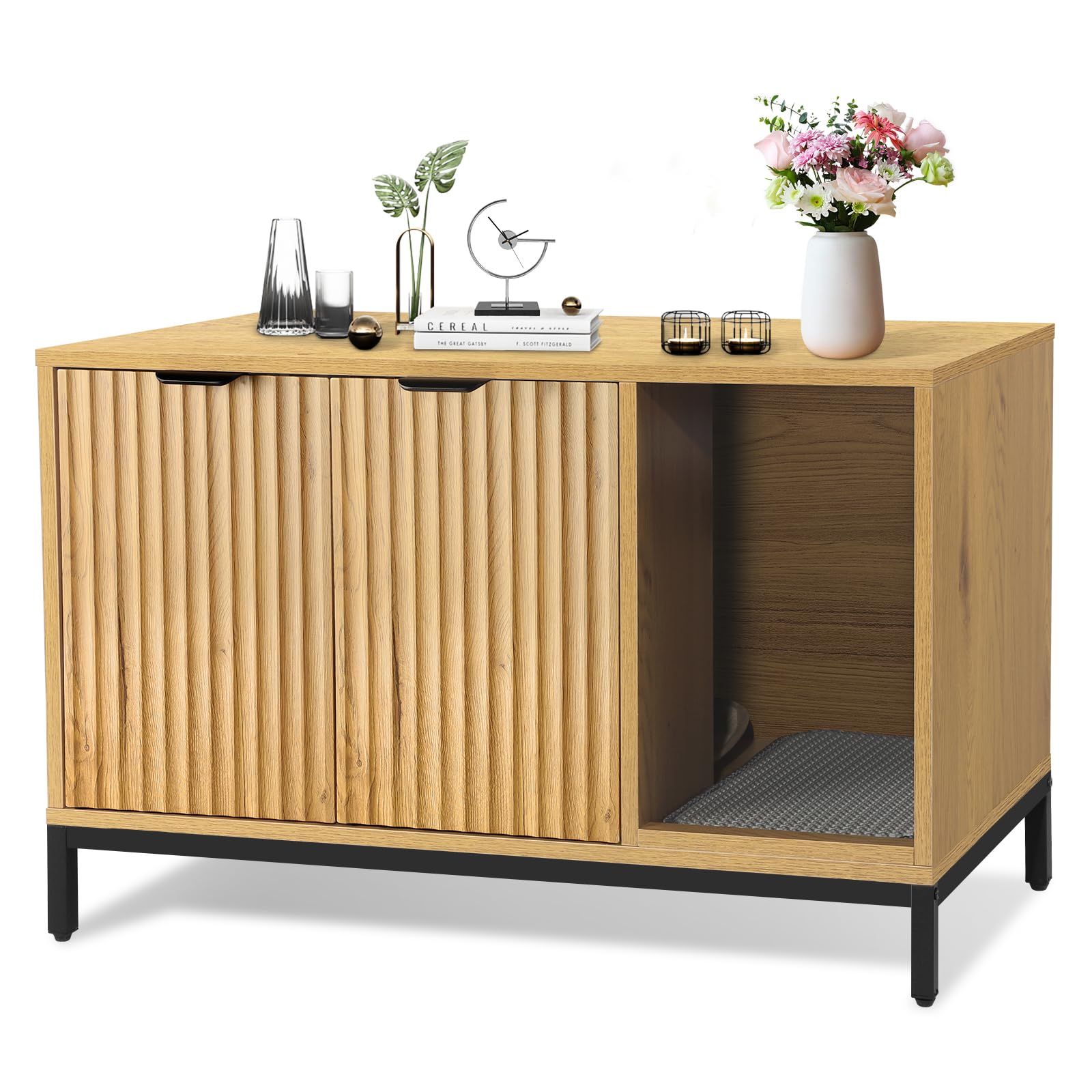 Cat Litter Box Enclosure, Hidden Litter Box Furniture with Metal Legs, Side End Table Indoor Cat House Storage Cabinet 31.5 x 19.7 x 20 Inches (Black + Gold)