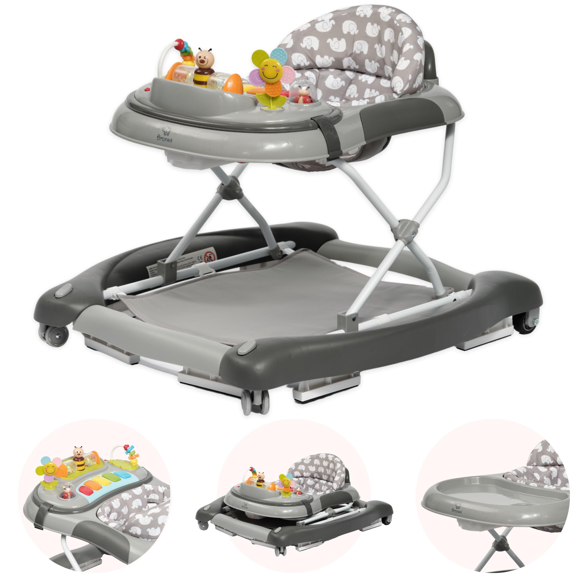 BRONEA 4-in-1 Gehfrei Babywalker ab 6 Monate | Lauflernwagen mit Schaukelfunktion und Spielpaneel mit Musik | Höhenverstellbare und Klappbar | Lauflernhilfe mit leisen Rollen und Bremsen