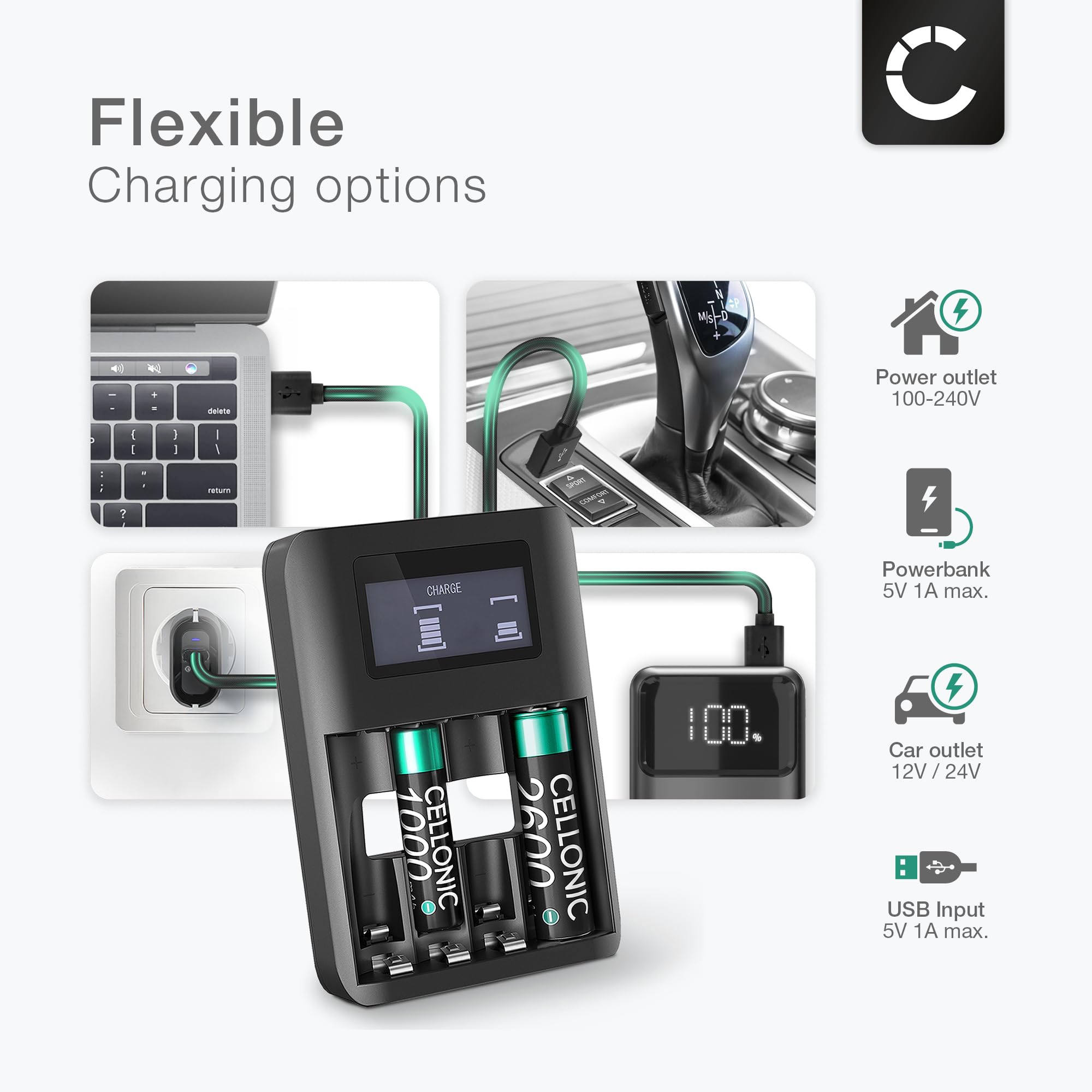 CELLONIC Chargeur de Piles AA AAA USB + 4X Batterie Rechargeable AA 2600mAh LR6, Chargeur AAA AA USB avec 4 Compartiments et Affichage, Chargeur Rapide Chargeur Piles 1.2V Battery Charger LR03 LR6