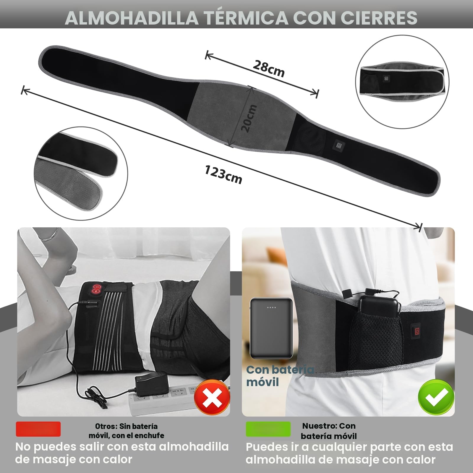Manta Electrica Lumbar, Almohadilla Eléctrica con Batería de 5000mAh & 3 Niveles de Temperatura, Esterilla Eérmica Electrica con Apagado Automático para Espalda, Cuello, Hombros y Vientre