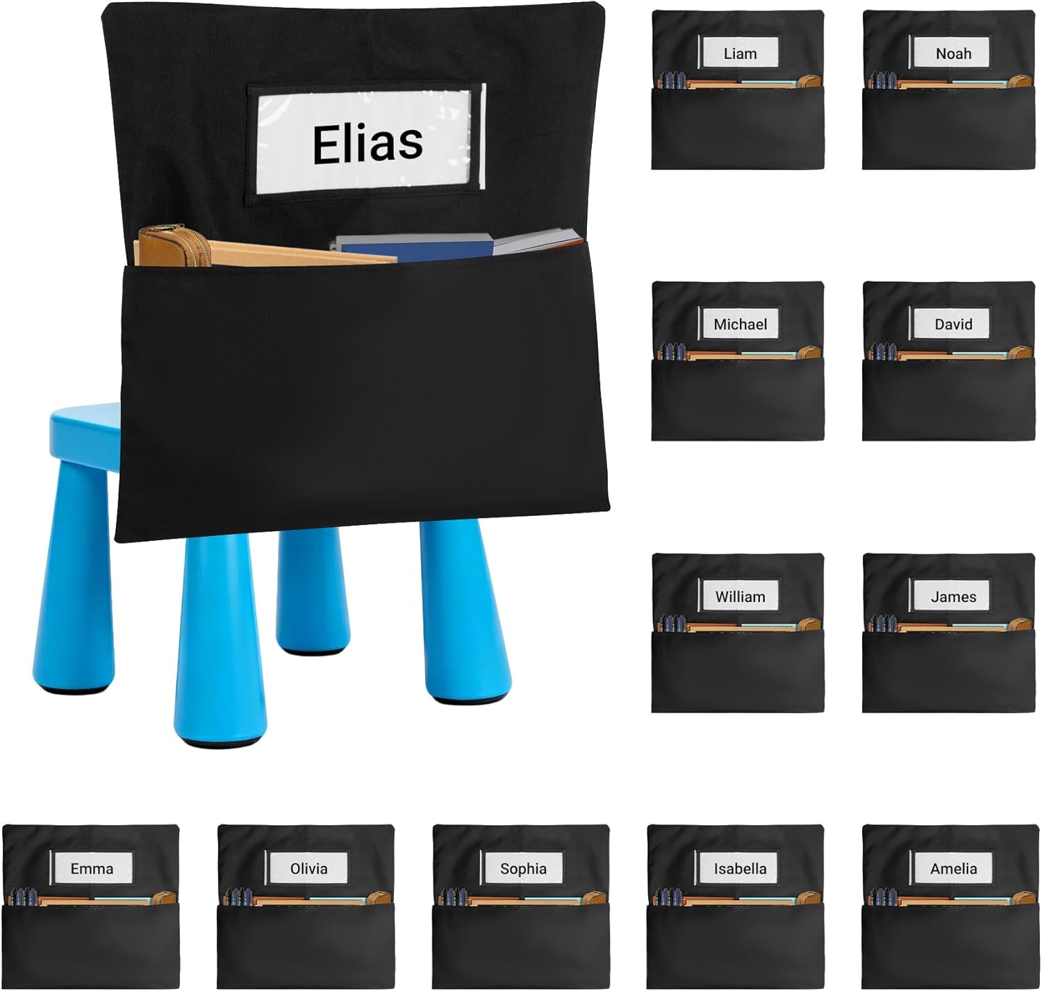 Chair Pockets for Classrooms 12 Pack,15 x 14 inch Black Chair Back Buddy Pockets with Name Slot & Tags, Back of Chair Organizer for Classroom Chairs Seat Storage