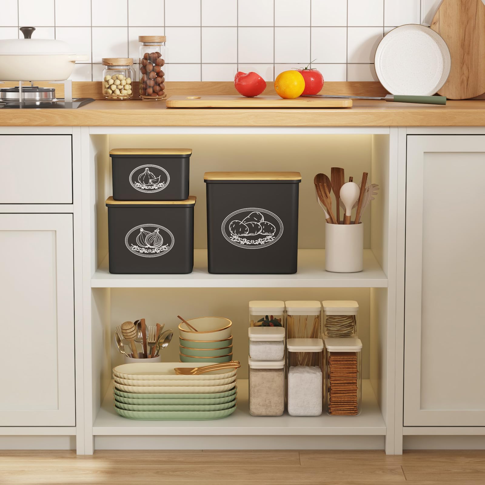 Lifewit Rangement Pomme de Terre, Grande Boite Oignons avec Couvercle et Des Trous de Ventilation, Boîtes de Legumes Rangement Cuisine en Plastique Empilables, 24 cm(H), Noir, 3 Pièces