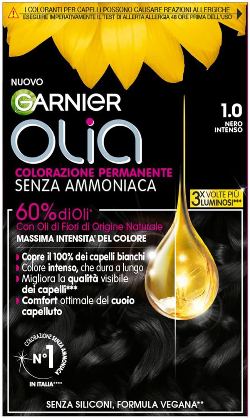 Garnier Olia Midnight Tinta Capelli, Colorazione Permanente Senza Ammoniaca, Copre il 100% dei Capelli Bianchi, Con Oli di Fiore di Origine Naturale, Formula Vegana, Nero Intenso