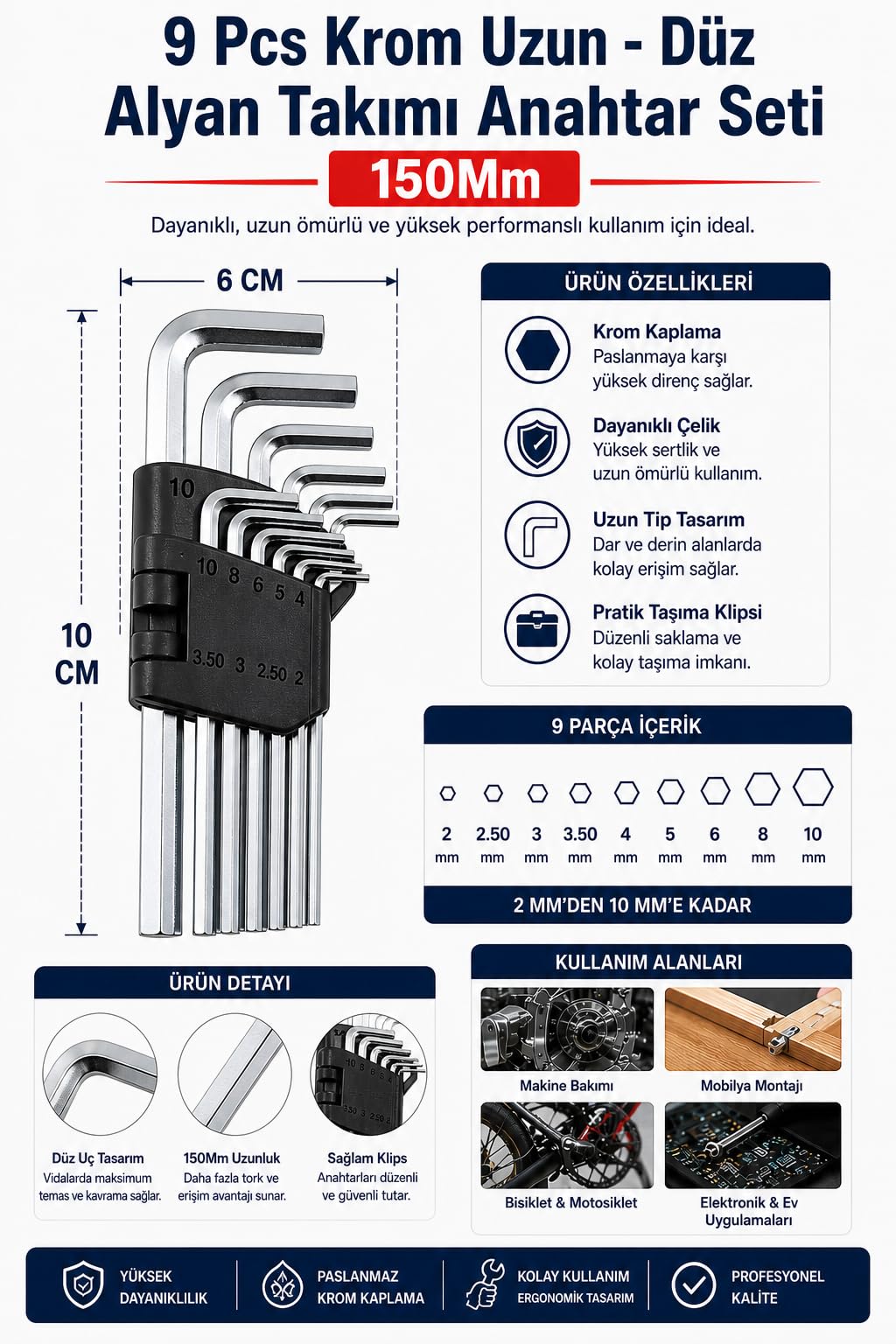 9 Parça Krom Uzun Düz Alyan Anahtar Seti 150 mm (2–10 mm) Dayanıklı Çelik Allen Anahtar Takımı