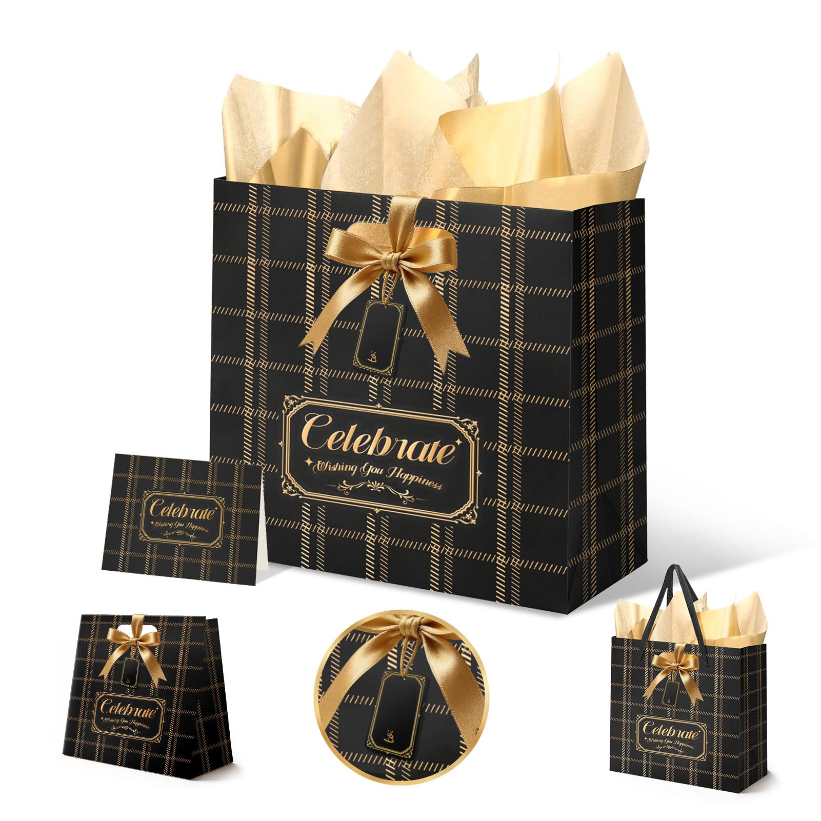 NICROLANDEE Black Gold Gift Bag 13” with Handles Tissue Paper Greeting Card