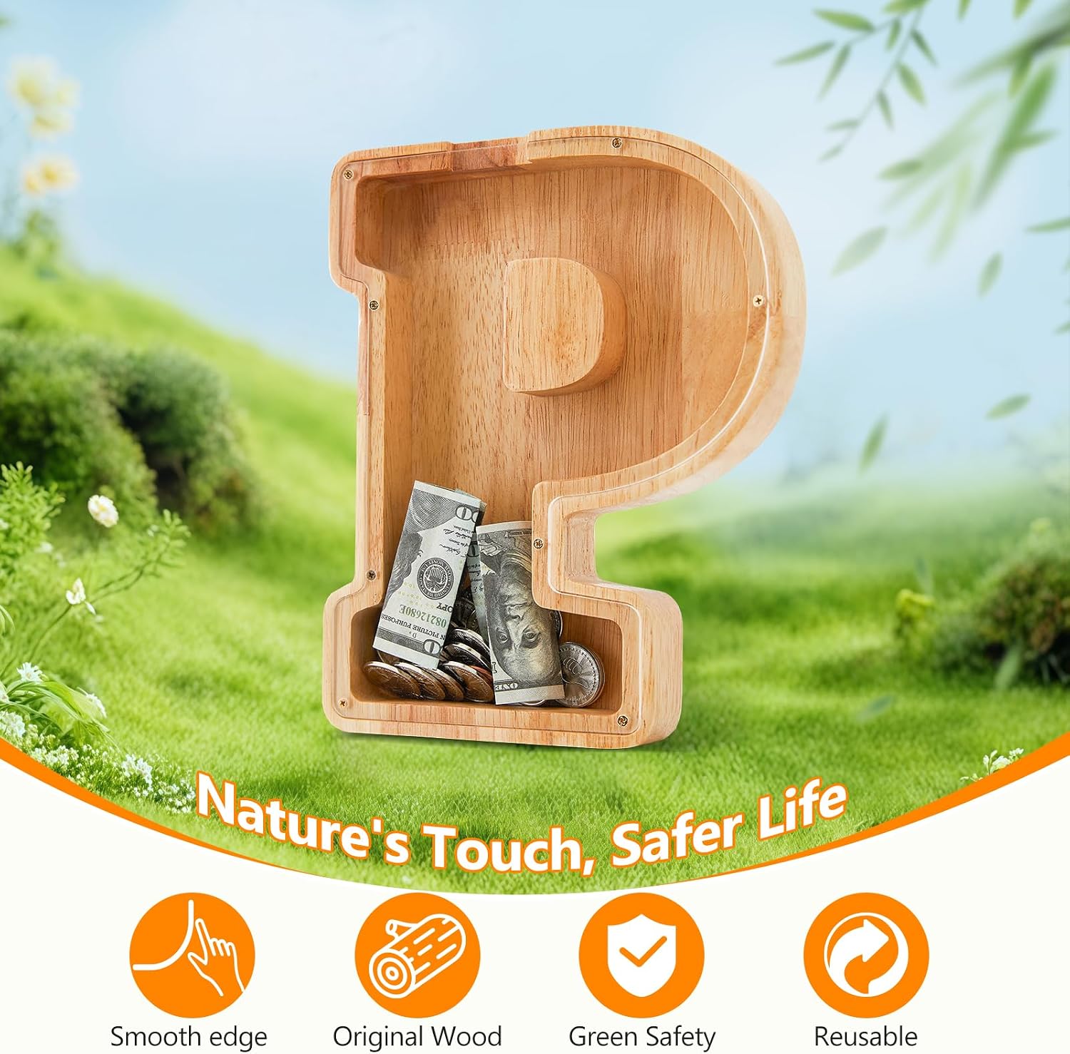 Wooden Initial Piggy Bank - Large Solid Wood Money Box for Kids - Personalized Letter Money Bank, Unique Educational Gift Decor for Baby Shower, Birthday & Nursery (P) image 5
