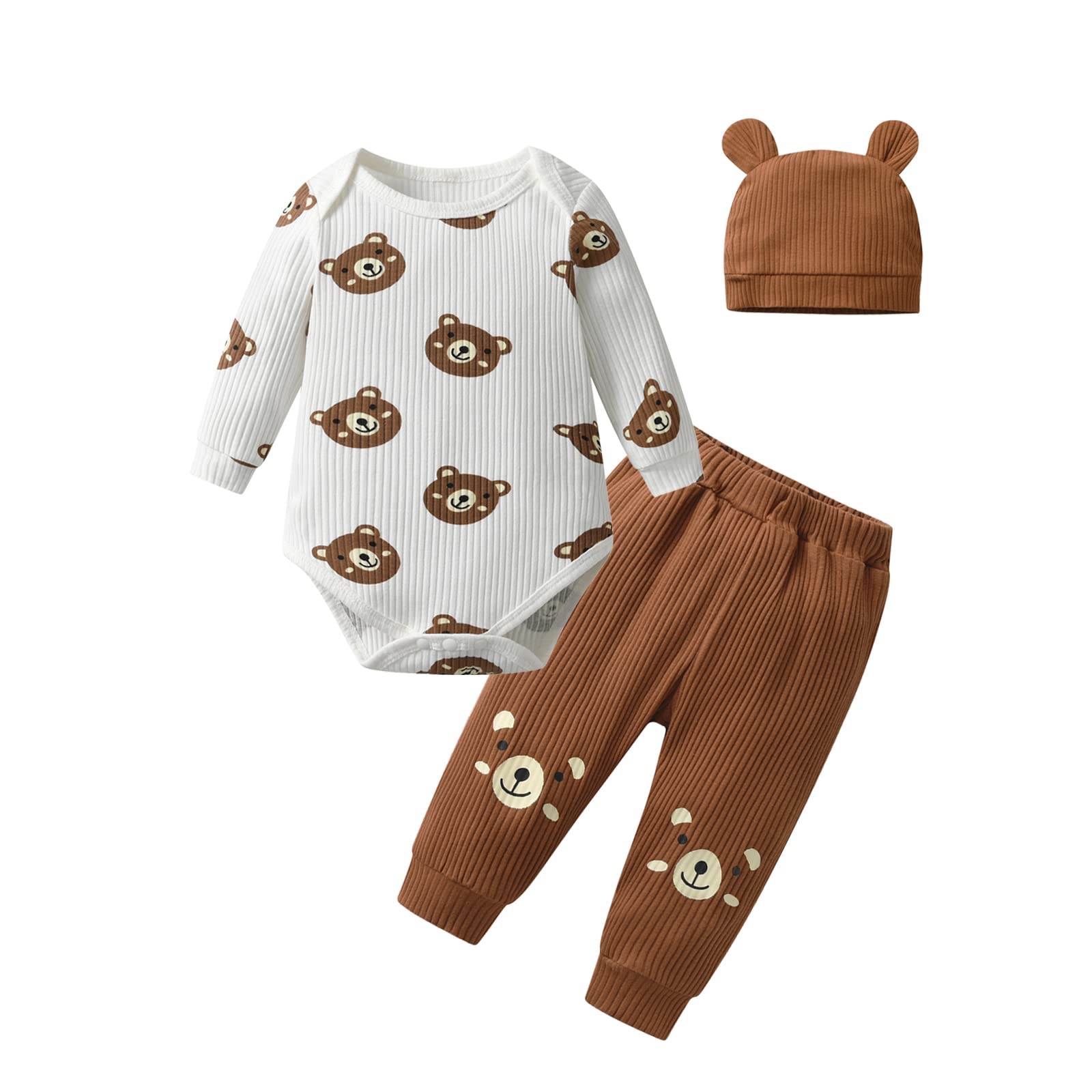 Neugeborenen-Babykleidung für Jungen mit Bärenmotiv, langärmeliger Strampler + Hose + Mütze, 3-teiliges Kleidungsset