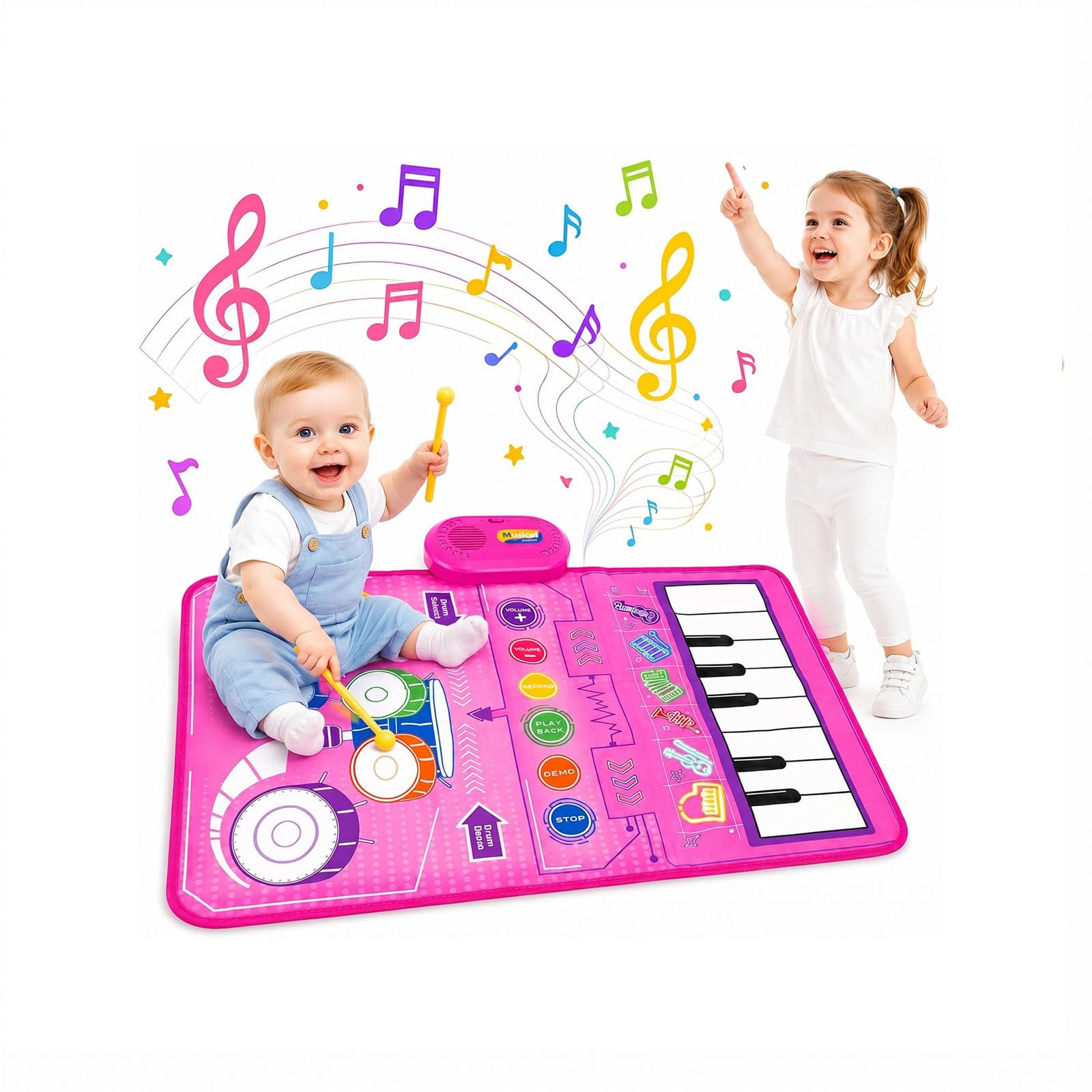 EVERGOODS 3 in 1 Musical Play Mat for Kids, Animal Piano & Drum Percussion Mat, Educational Baby Music Toy with Record & Playback, Large 80×50cm Foldable Floor Keyboard Mat (Pink)