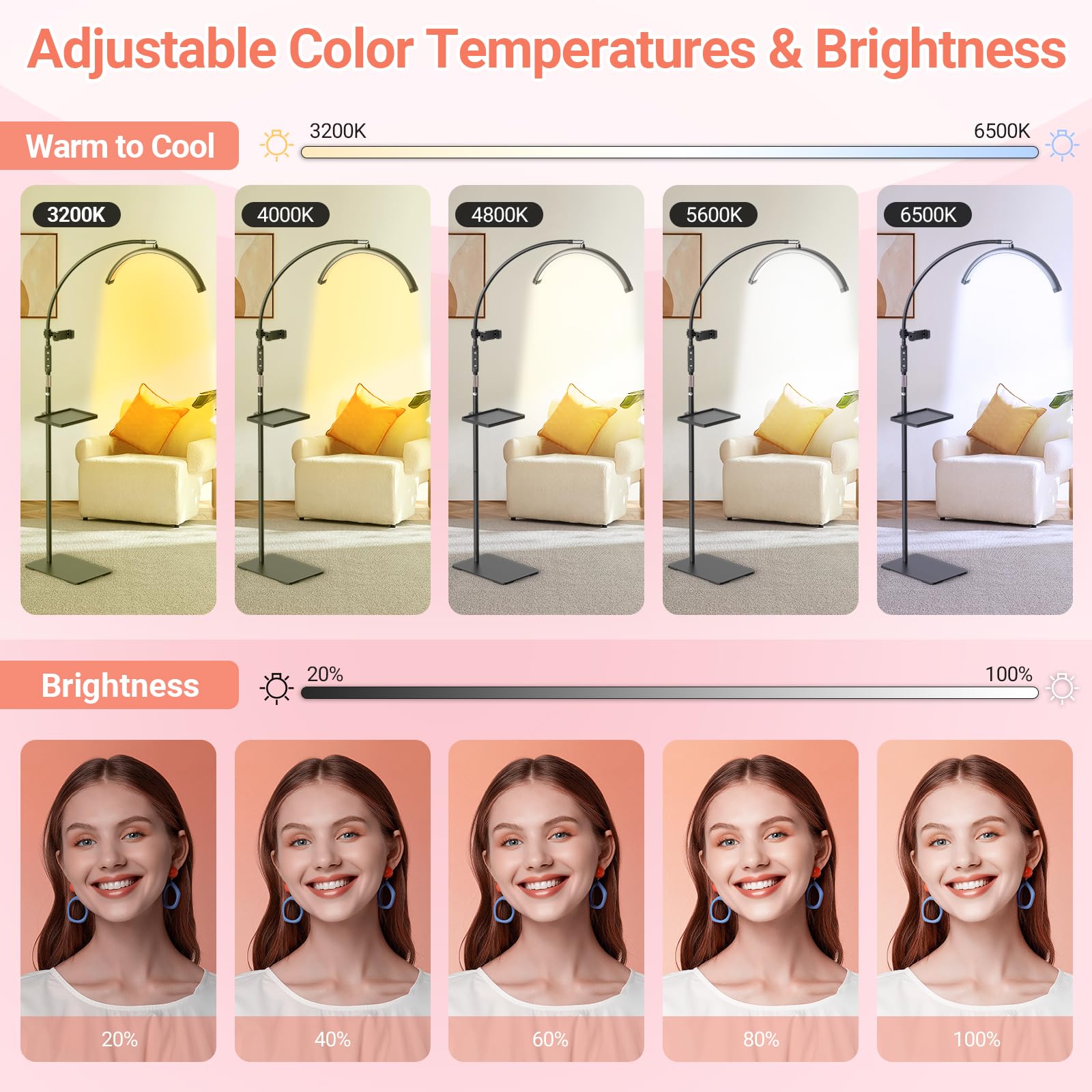 Lampe Extension de Cils Professionnel: 18" Pliable Lampe Demi Lune Onglerie avec 5 Couleurs Intensité Variable & 360° Rotative pour Salon, Domicile, Noir