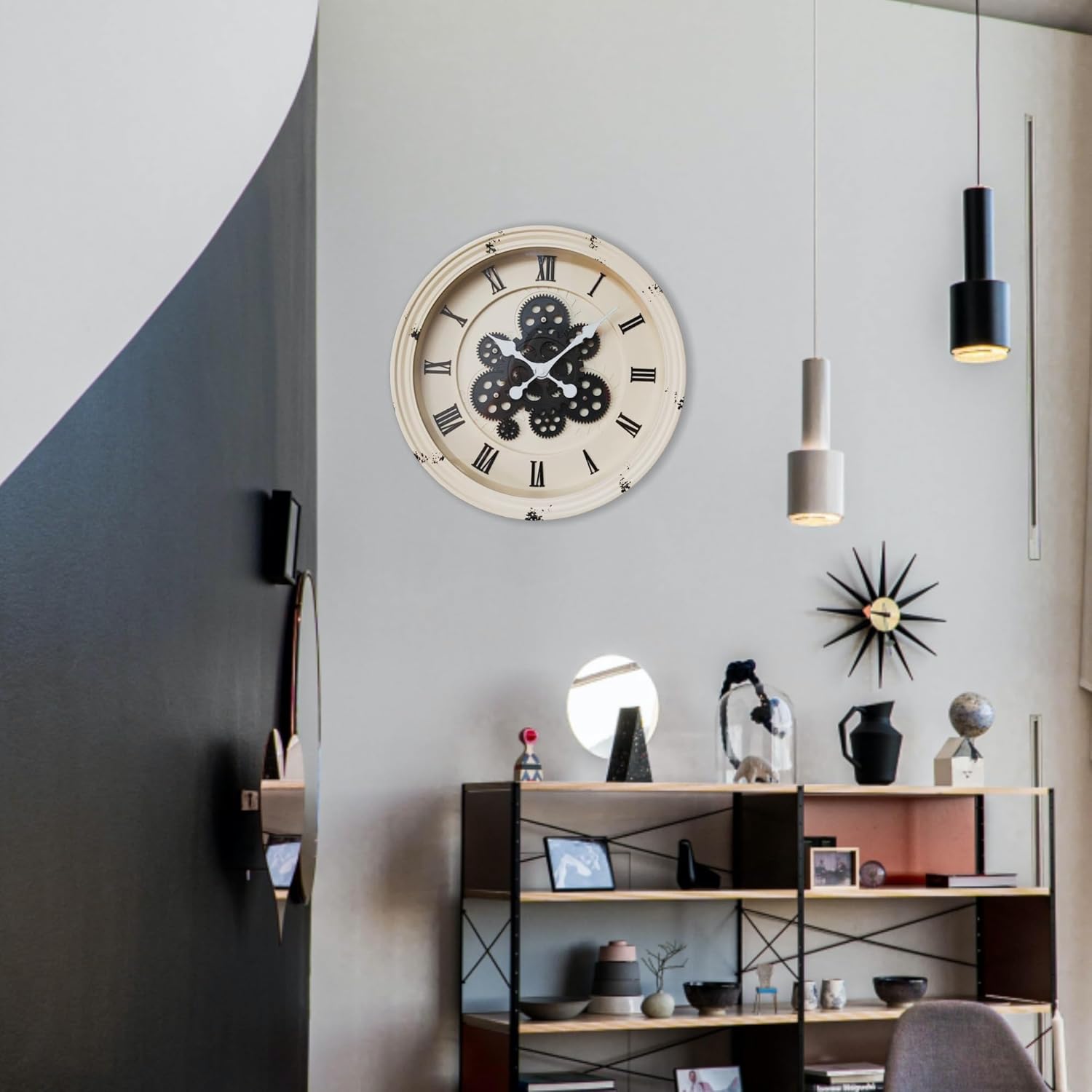 Evursua 15.2 Inch Large Gear Clock Real Gears Moving Wall Clock, Vintage Industrial Steampunk Aesthetics Art Home Decor Clock, Decorative Black Wall Clock for Living Room Decor Home Office