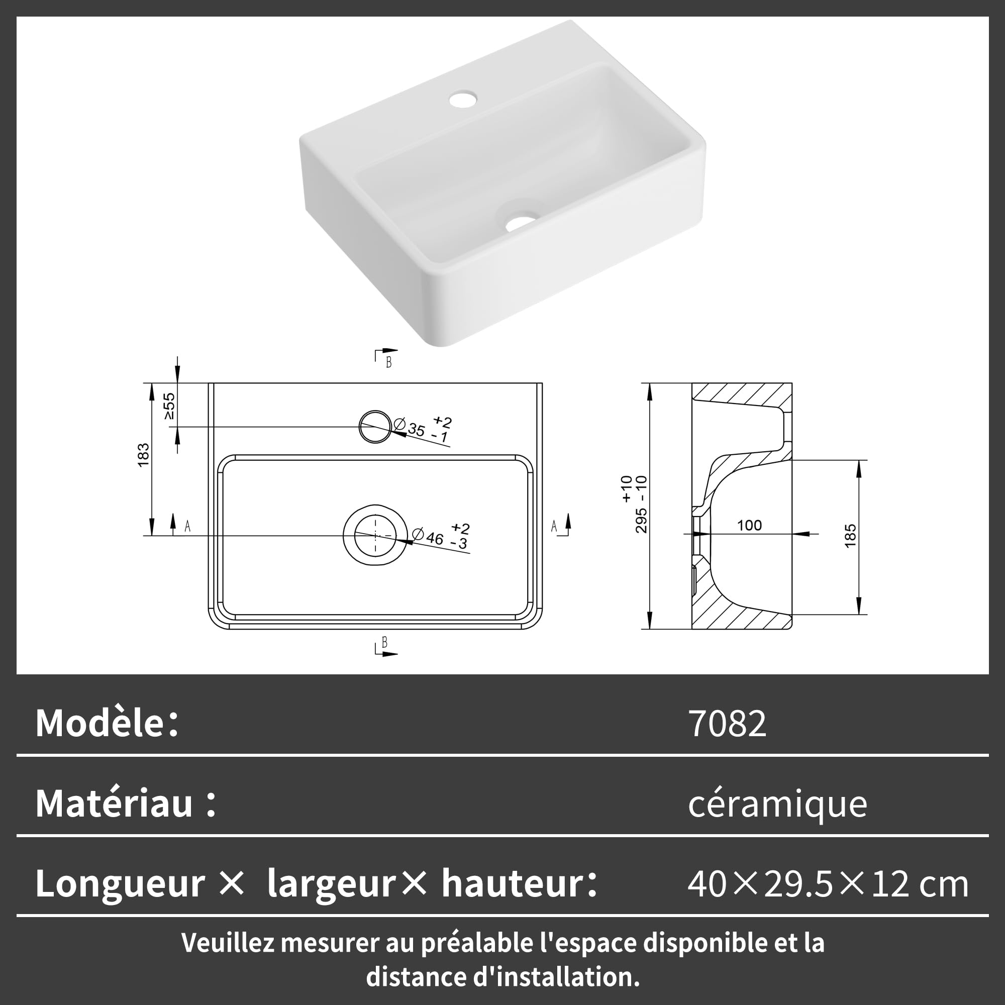 NUESTRA VIDA Vasque à Poser Rectangle en Céramique Blanc, Lavabo Salle de Bain Facile à Nettoyer, Lave Main pour Salle de Bains et WC (40x29,5x12 cm)