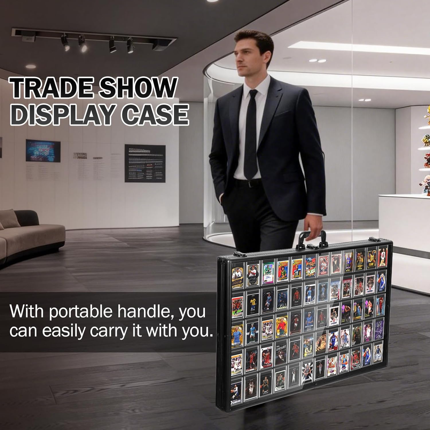 DuvinDD Card Display Case with LED Light for Trading Card, 34 x 22 inch Aluminum Large Portable Card Show Display Case, Lockable Trade Show Display Cases for Pokemon Cards, Coin, Collectibles, Silver