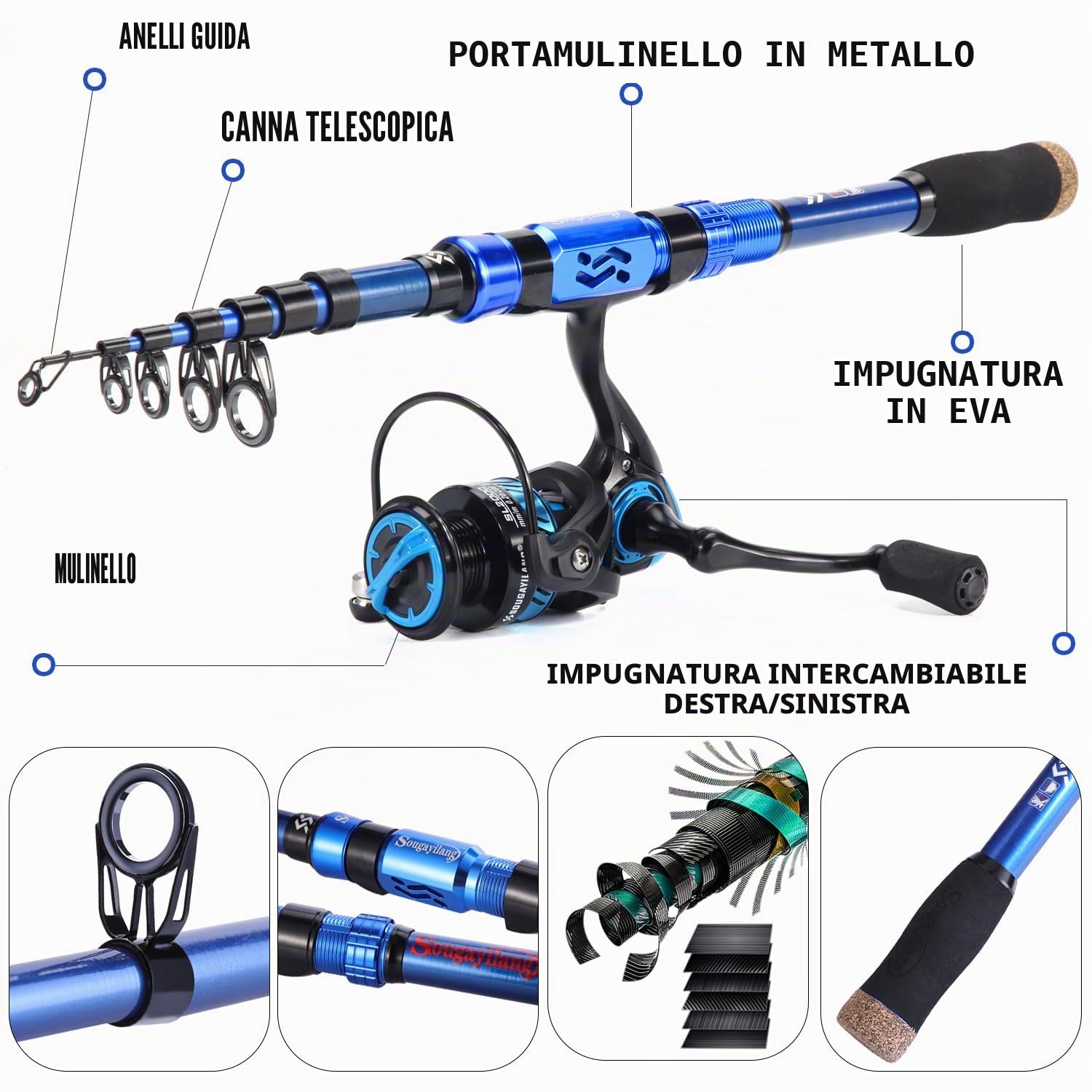 Sougayilang Canna da pesca telescopica. 24 toni, fibra di carbonio lavorato CNC, comodo manico EVA, canna da pesca da viaggio per pesca trota basso