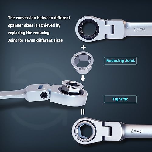 Miniatura 4 de LOSCHEN Juego de llaves combinadas de trinquete de cabeza flexible de 180 7 en 1, llave de trinquete de extremo de caja doble con 8, 10, 12,