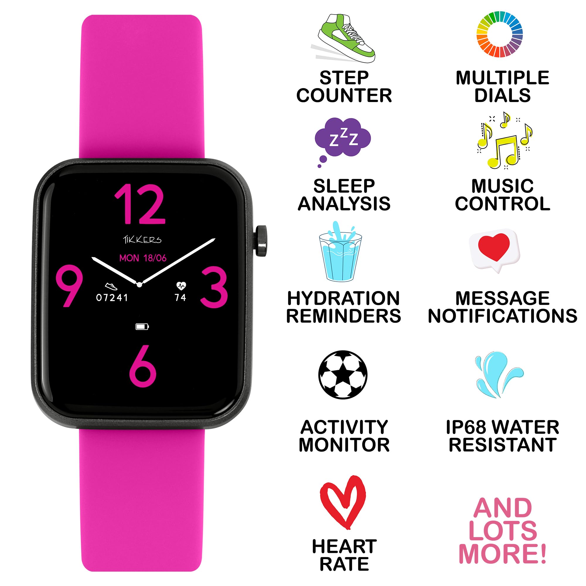 Tikkers Kids Series 13 smartwatch con fitness tracker, sveglia, fotocamera, connettore GPS, cardiofrequenzimetro, contapassi, touch screen, cinturino in silicone rosa