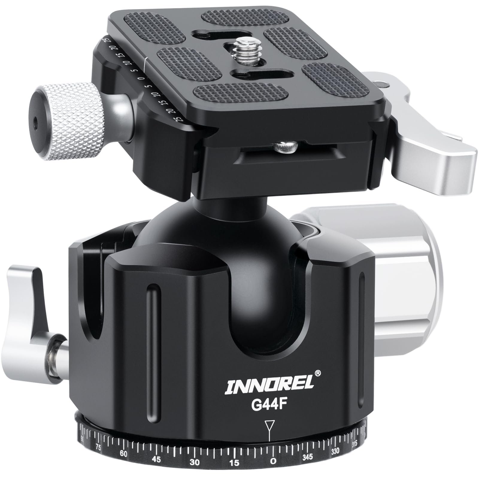 INNOREL G44F - Testa a sfera per treppiedi a basso profilo, chiusura rapida, rilascio rapido della leva, testa a sfera panoramica in metallo CNC, con 2 piastre per treppiede, monopiede, videocamera