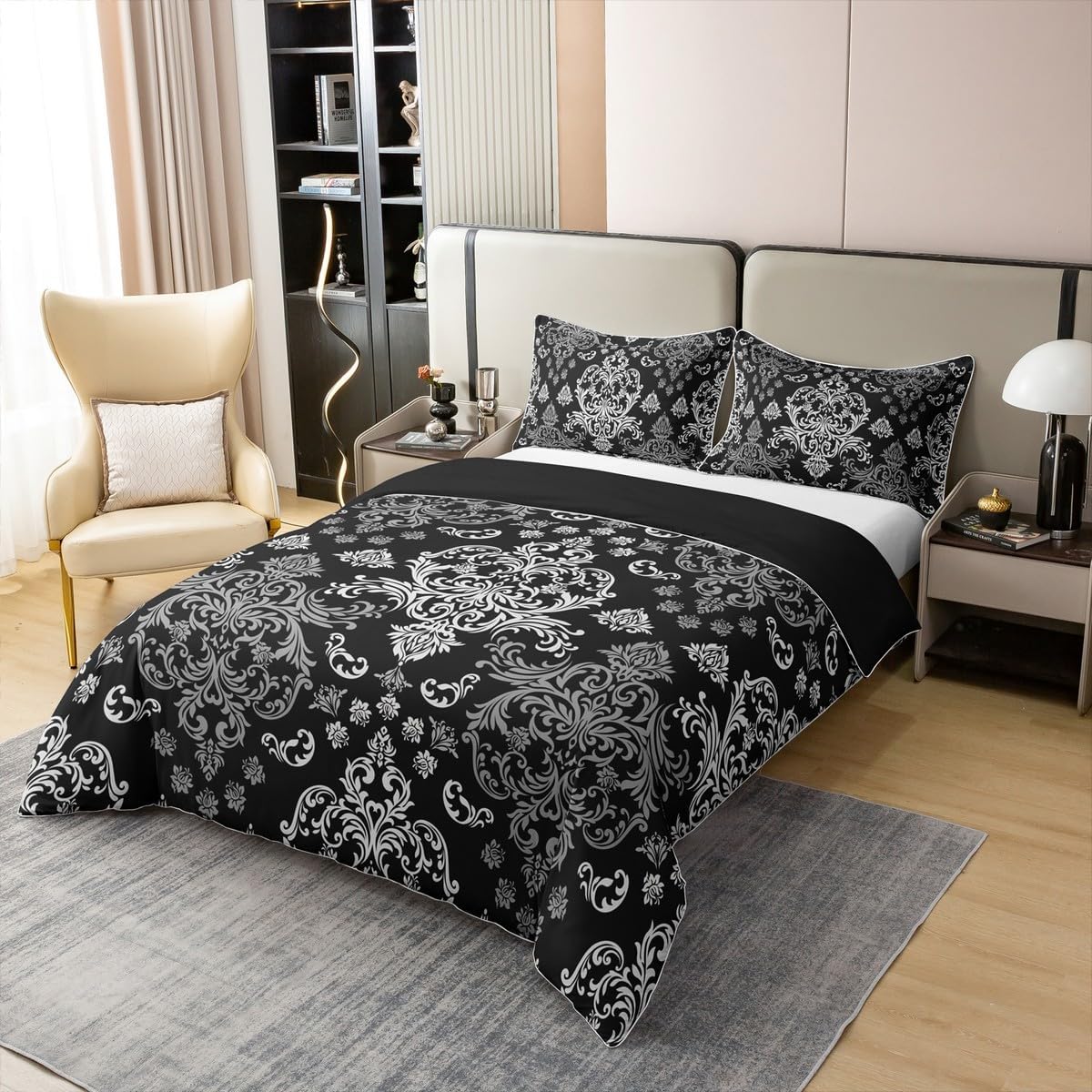 Erosebridal Adults 100% Cotton Duvet Cover Queen Size Black Damask Bedding Set for Kids Boys Girls Victorian Baroque Antique Gothic Bohemian Comforter Cover Vintage Exotic Soft Breathable Bedclothes