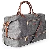 MyMealivos Canvas Weekender Bag, Overnight Travel Carry On Duffel Tote with Shoe Pouch (Grey)