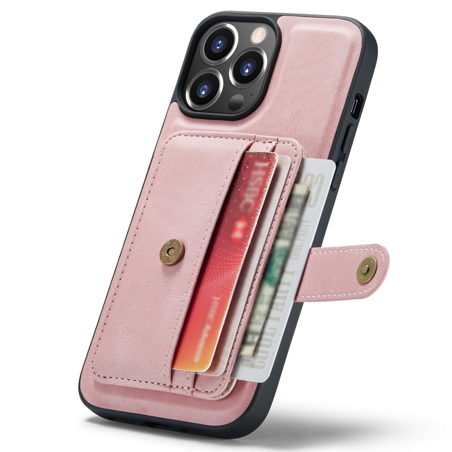 Skórzane etui na iPhone'a 15 Pro Max/15 Pro/15 Plus/15, magnetyczne odpinane, wąskie etui portfelowe z uchwytem na kartę blokującą RFID, różowy, 15