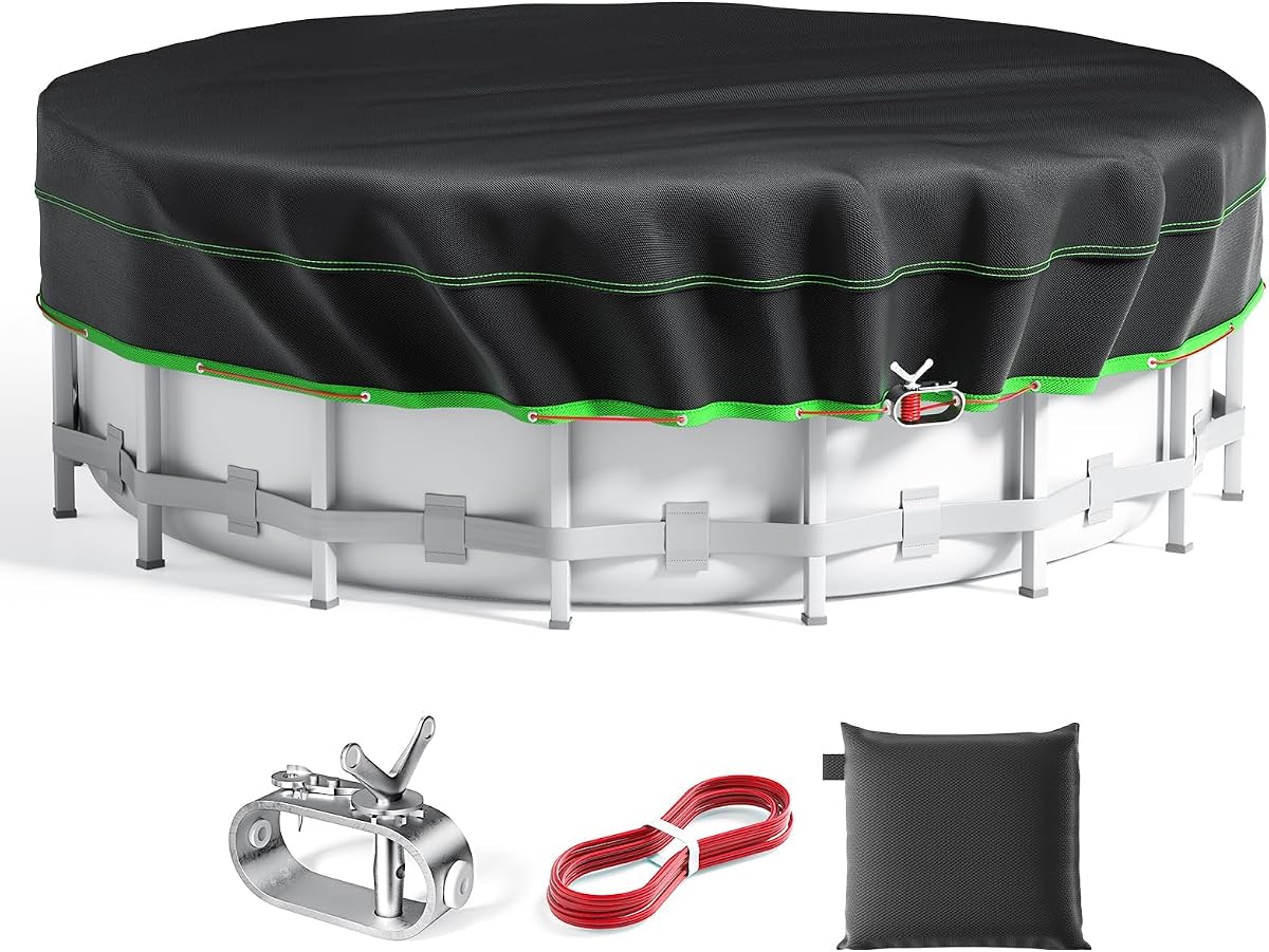 14 Ft Round Pool Cover, Solar Cover for Above Ground Pools, Heavy Duty Swimming Pool Cover Protector with Winch and Cable, Strong Tear Resistant Winter Pool Cover Ideal for Waterproof and Dustproof