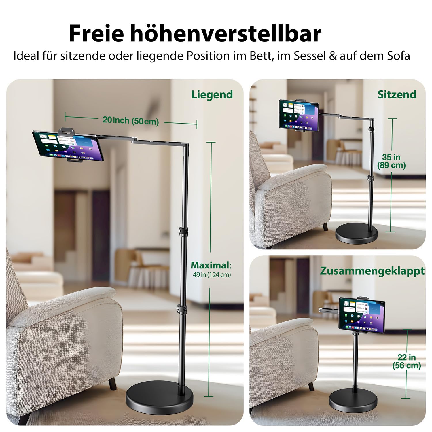 elitehood Schwenkbar Tablet Bodenständer Höhenverstellbar für Bett | Aluminium iPad Ständer Halterung für Bett, Sofa mit Frei Einstellbarem, Kompatibel mit iPad mini/Air/Pro 12.9" & 4.7–13"