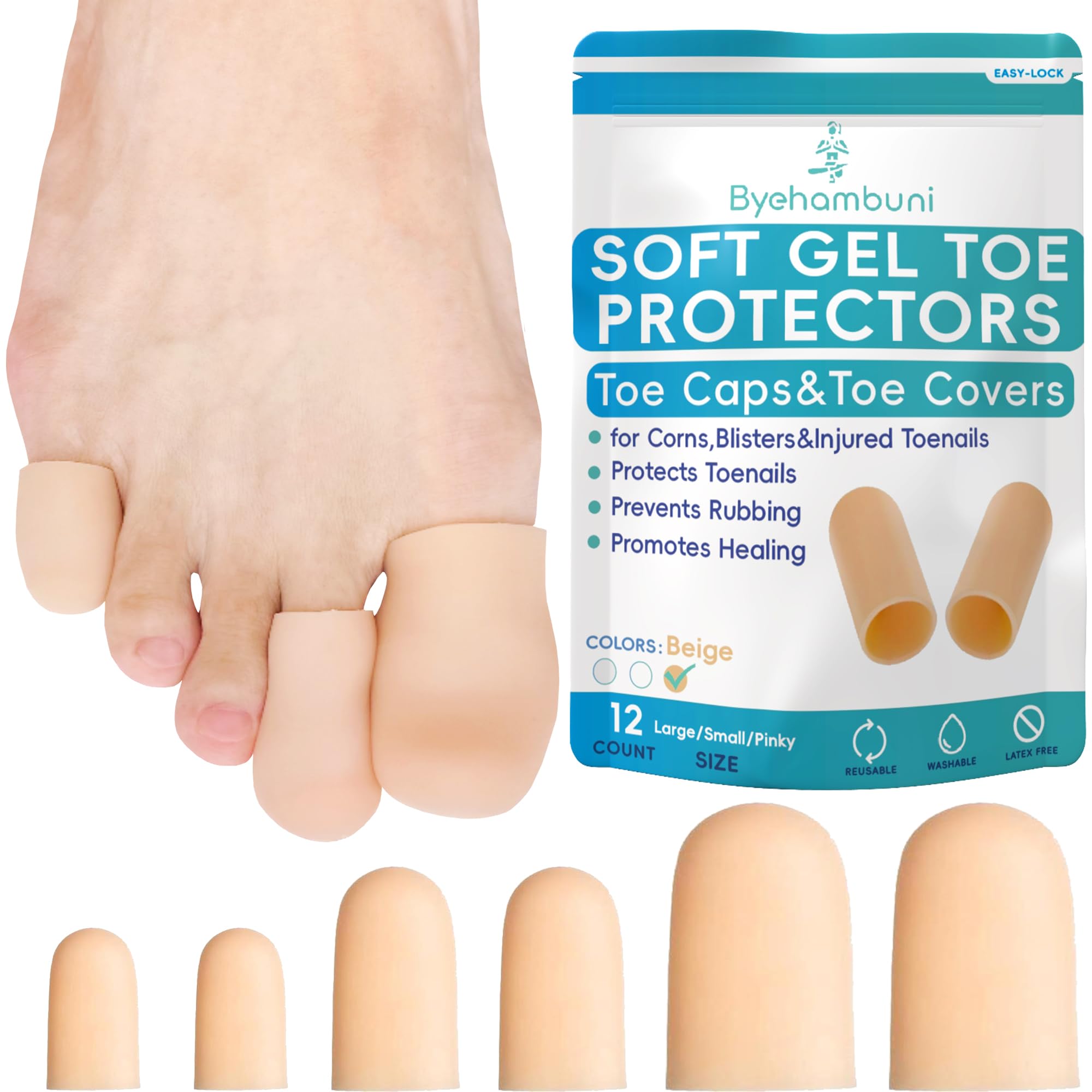 Byehambuni Silicone Toe Protectors - 12 Pack Gel Toe Caps - Toe Covers for Women - Toe Cushions for Pain Relief, Corns, Calluses, Blisters, Missing or