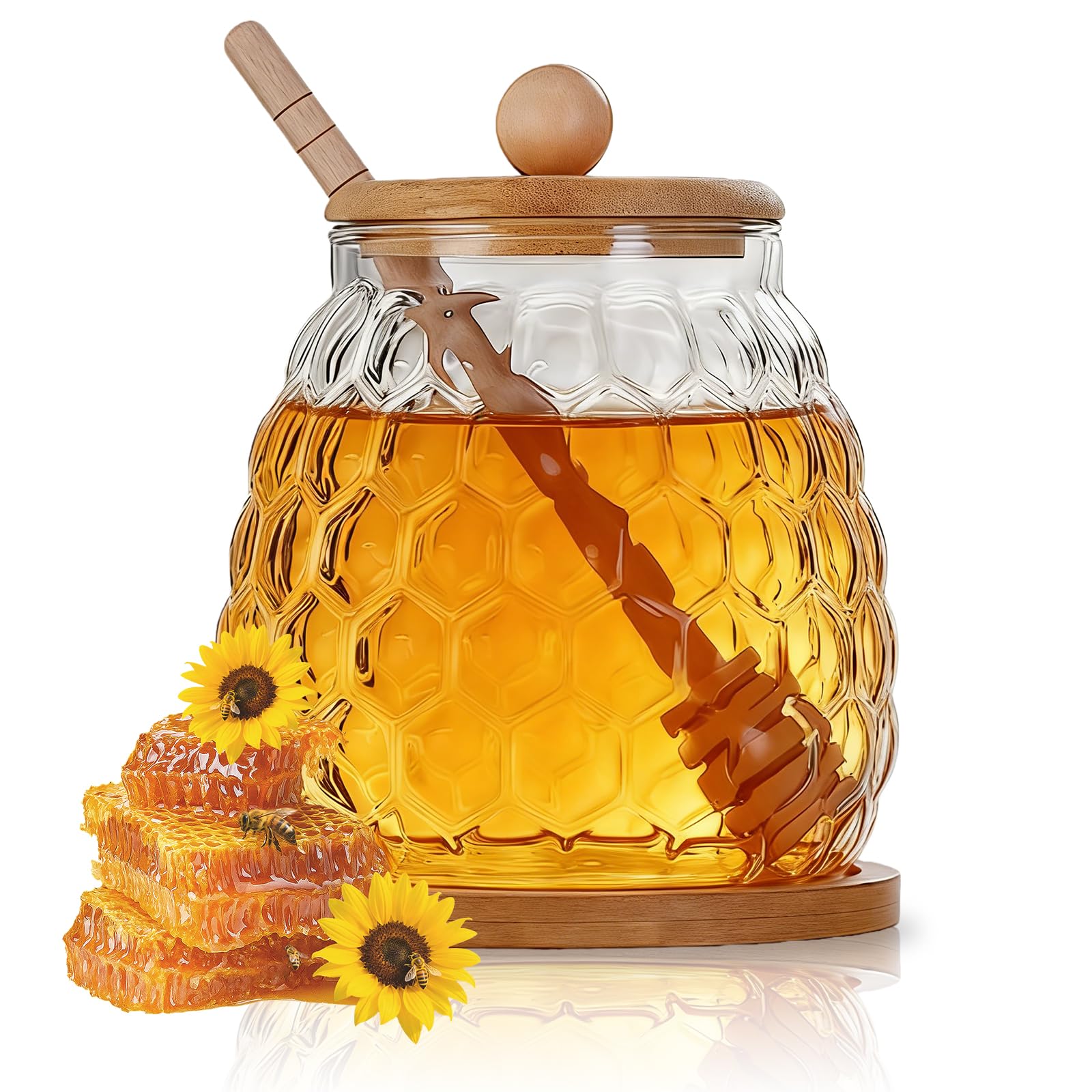 MEETOZ 350ml Honey Jar with Wooden Dipper and Lid, Glass Honey Jar with Dispenser, Honey Containers for Home Kitchen Storing Honey, with tray