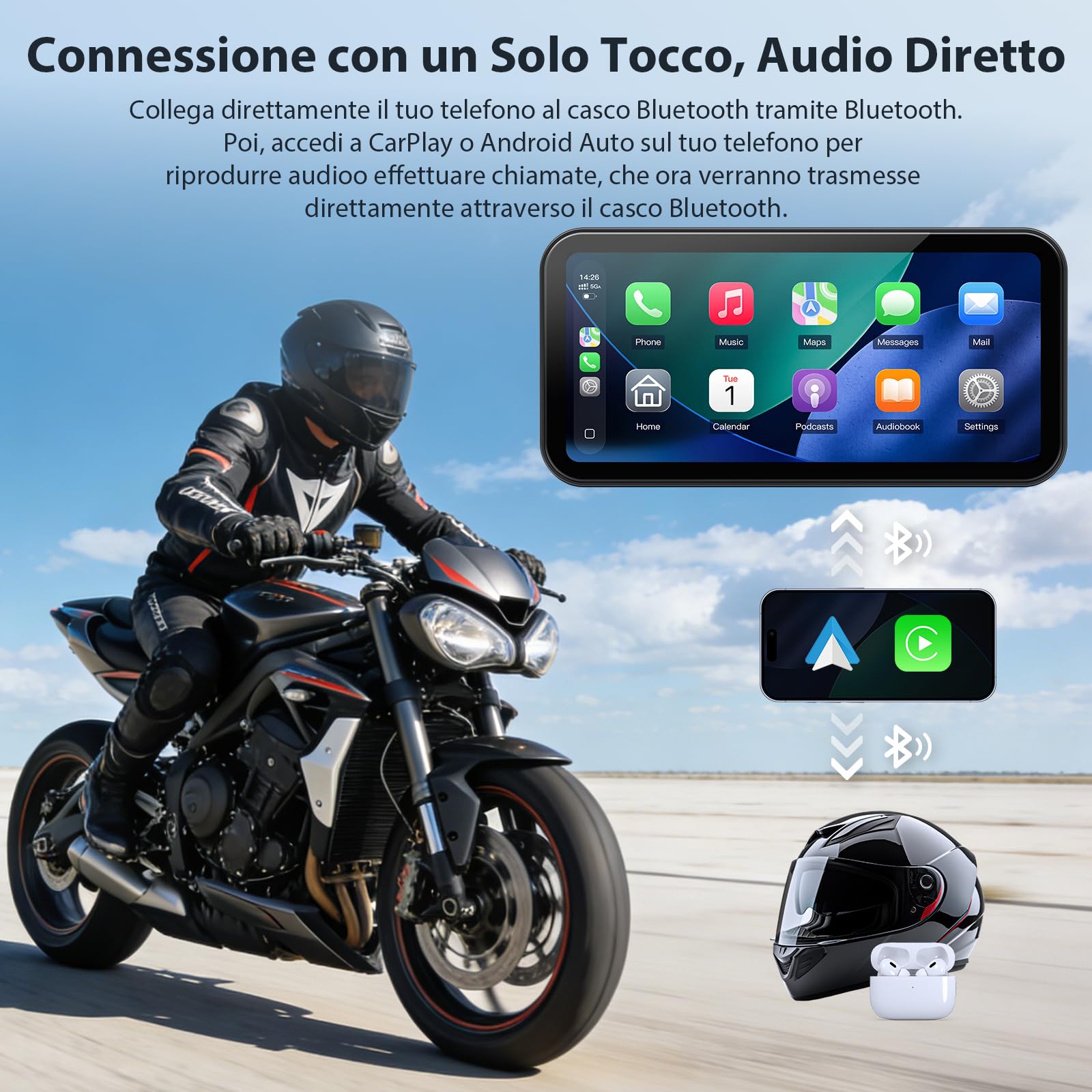 A622 CarPlay Moto Schermo 6,25 Pollici, CarPlay e Android Auto Wireless, Sistema di Monitoraggio Pressione Pneumatici (TPMS), Impermeabilità IP67, Doppio Bluetooth, GPS, Alimentazione USB/ACC