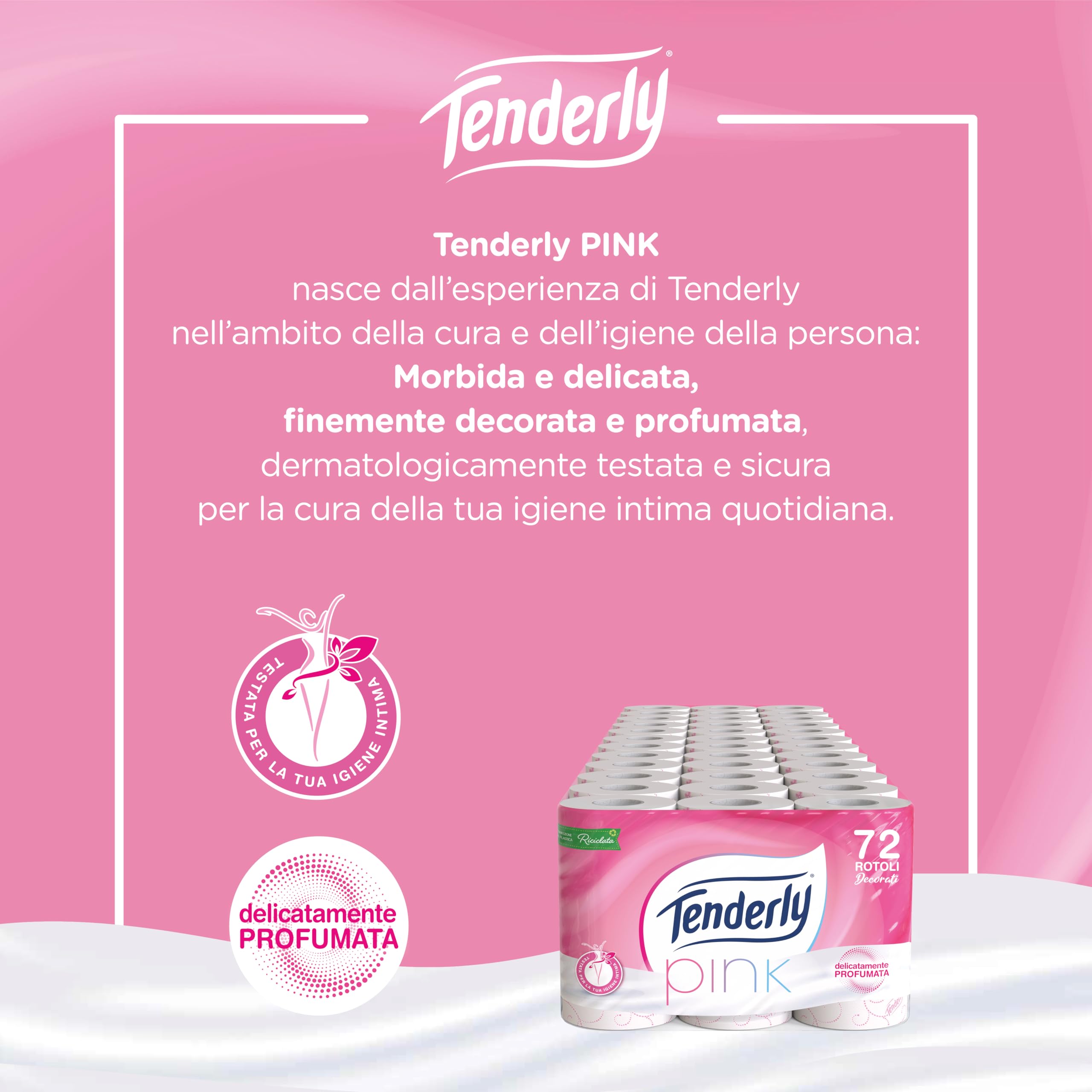 Tenderly, Carta Igienica, Pink, 72 Rotoli, Pulizia Efficace, Delicatamente Profumata, Finemente Decorata, Dermatologicamente testata, Made in Italy, 811E35