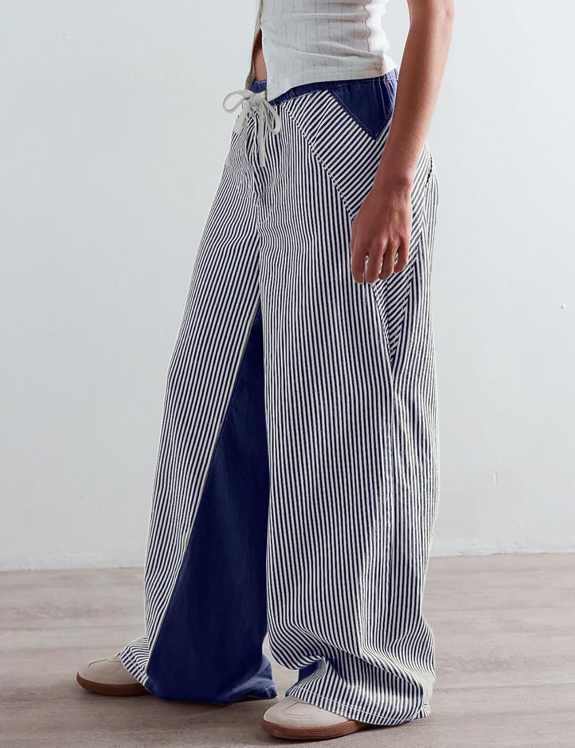 Yimoon Y2K Striped Pants for Women Low Rise Drawstring Pull On Jeans Casual Baggy Wide Leg Trousers 2025 Trendy(DarkBlue-L) - Image 3