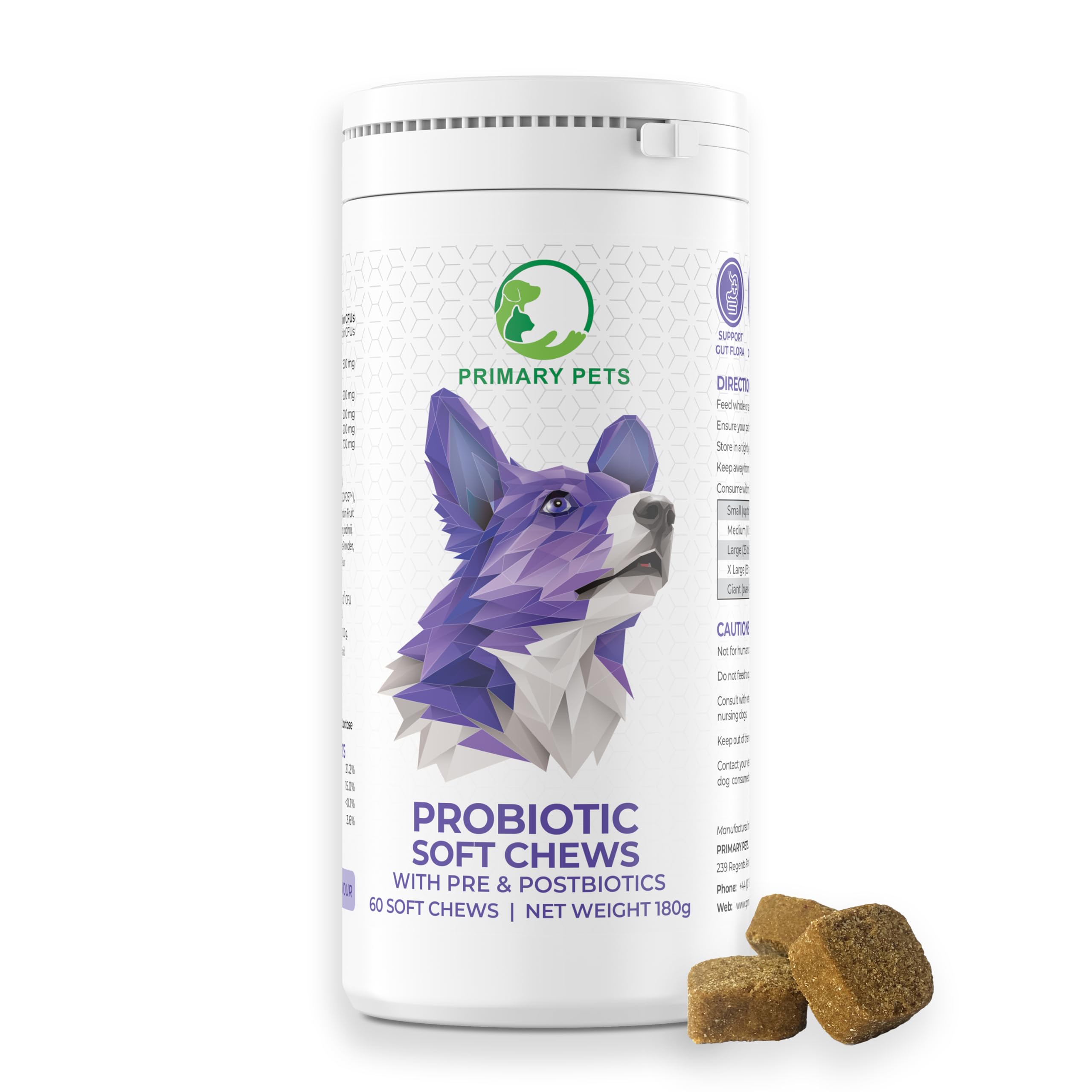 Primary Pets Premium Pet Supplies Dog Probiotic Treats with Prebiotics, Postbiotics and Enzymes, Natural, 60 Chews