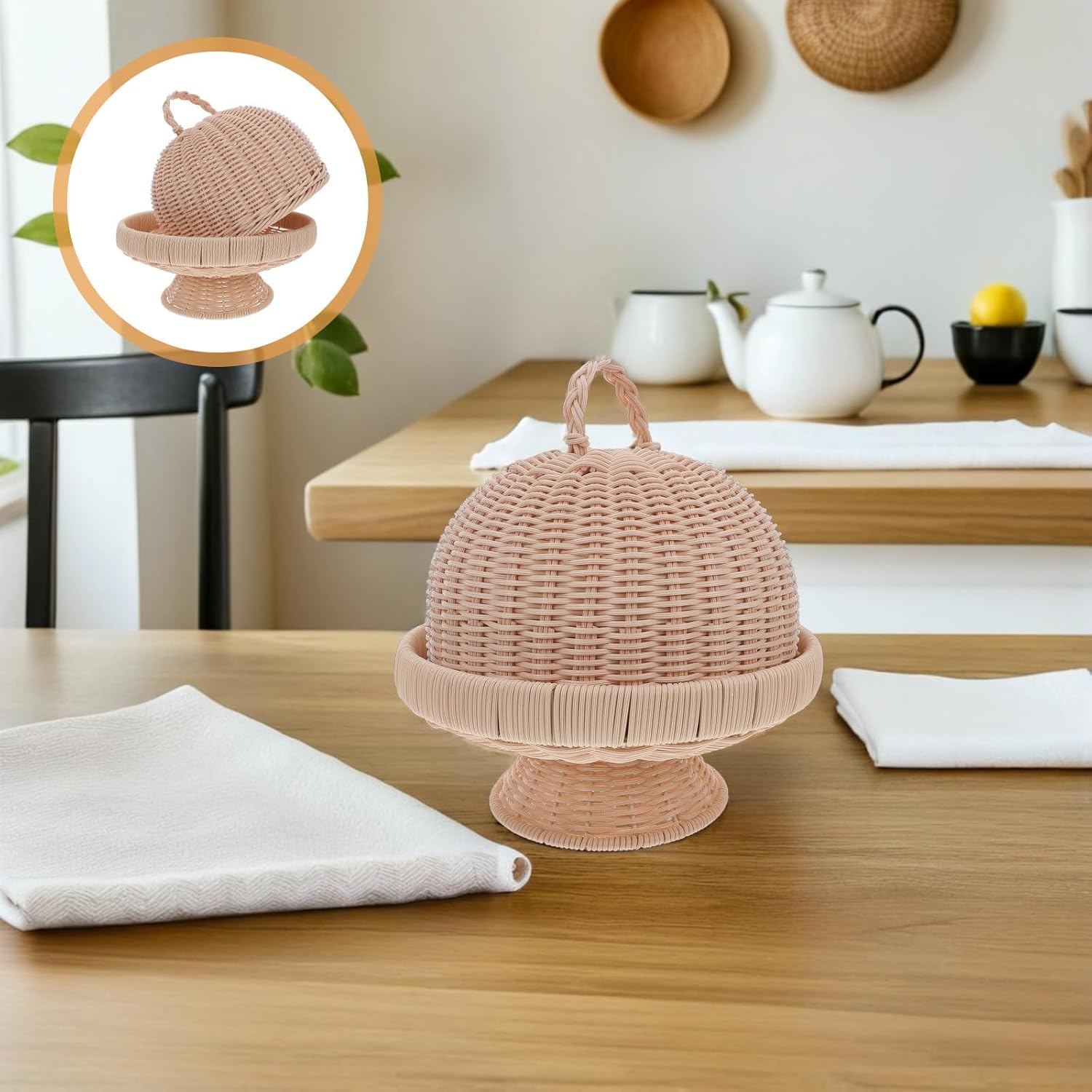 Operitacx Wicker Serving Tray with Lid, Food Storage Organizer and Snack Basket, Handwoven Rattan Bread and Fruit Basket for Kitchen and Holiday Use