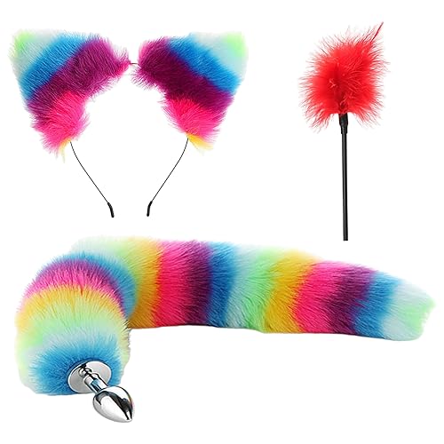 Anal Butt Plug Set 3 Pcs Fuzzy Fox Tail Anales Plug Cute Cat Ears Headband Feather Teaser Sex Toys for Women Men Beginners Adult Couples (Style B) - Style B