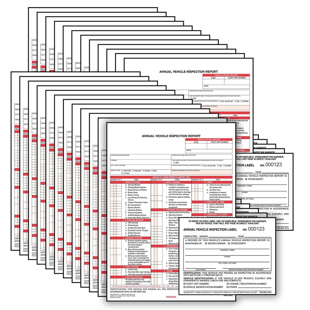 Formularz raportu z przeglądu pojazdu 25-szt. (format Snap-Out, 3-warstwowy, bezwęglowy, 21,5 cm x 29,8 cm) + etykieta 25-pak. (2-warstwowy, winyl z laminatem mylarowym, 12,7 cm x 10 cm) - J. Keller & Associates