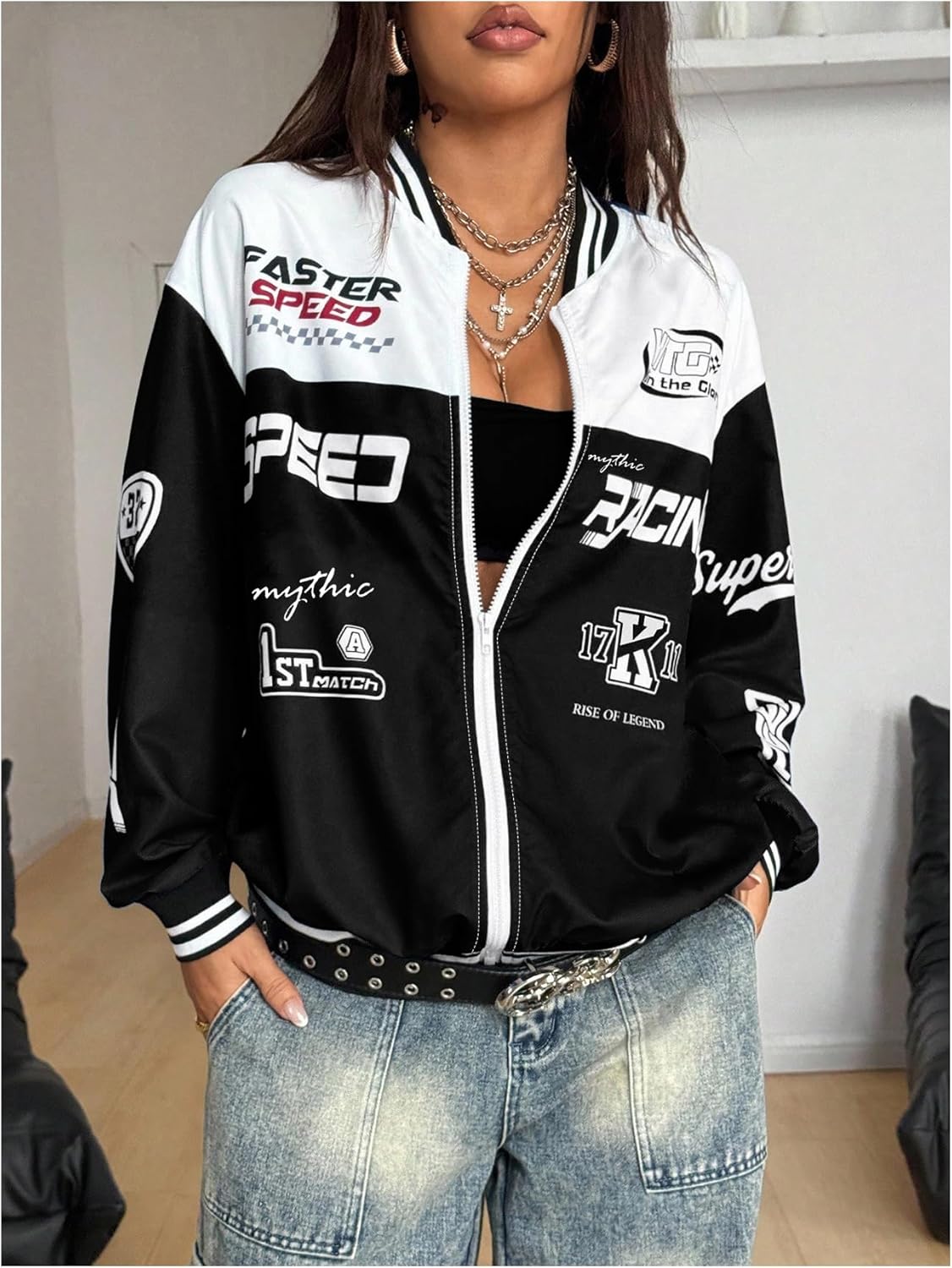 Verdusa Women's Graphic Motorcycle Racing Bomber Jacket Streetwear Zip Up Outerwear Y2k Fall Jackets