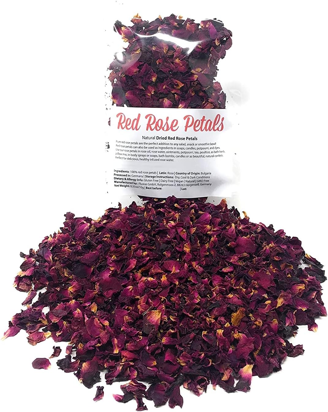 Red Rose Petals - Pure, All Natural & Edible Rose Petals - Dried Flower Petals for Herbal Tea, Decoration, Rose Sprinkles, Topping on Cupcakes, Desserts - Net Weight: 0.35oz/10g