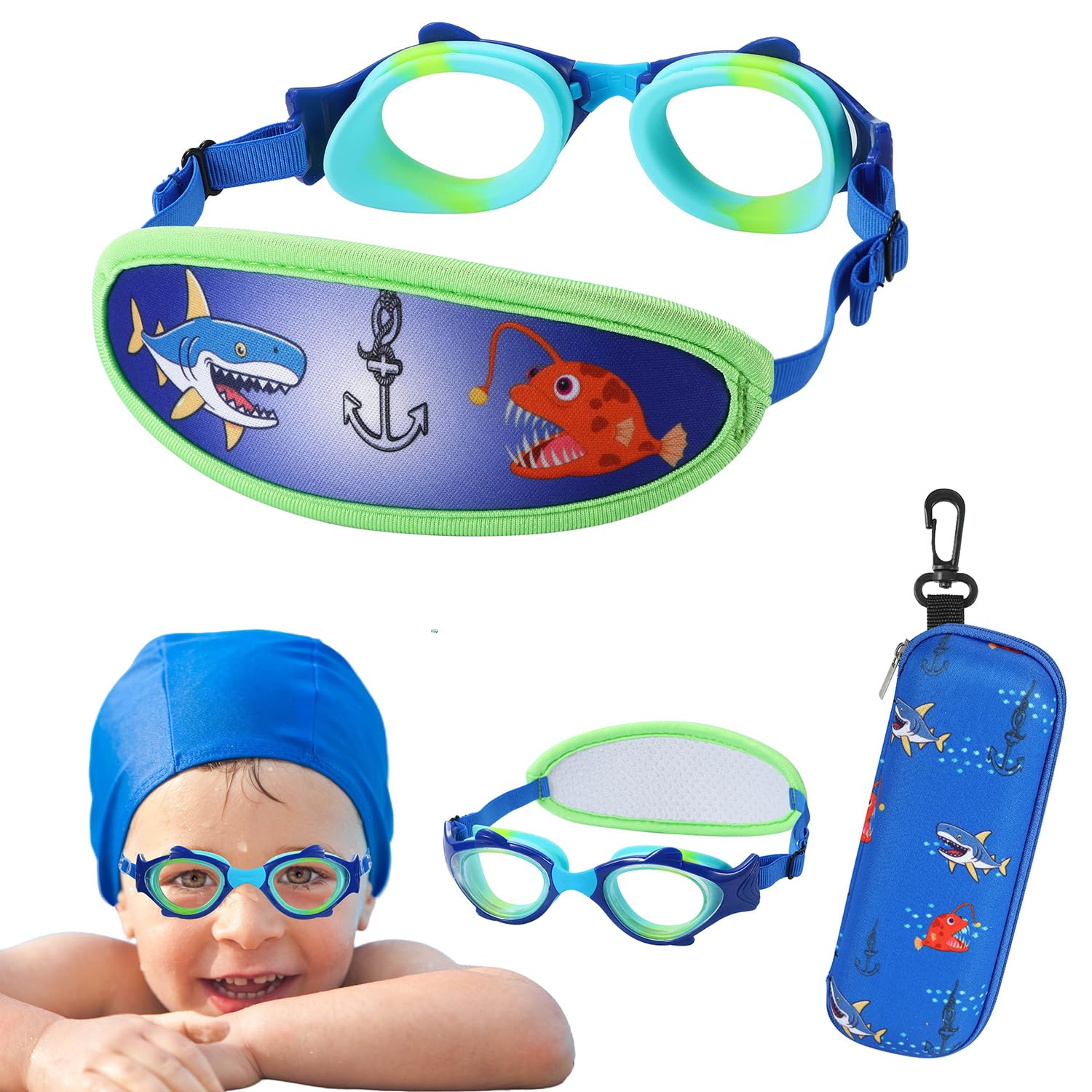 RUIGAO Kids Swimming Goggles Fabric Strap Age 4-7, Toddler Goggles No Hair Pull Bungee Strap/UV Protection/Anti Fog (1PK Fish Bungee - Blue Shark)