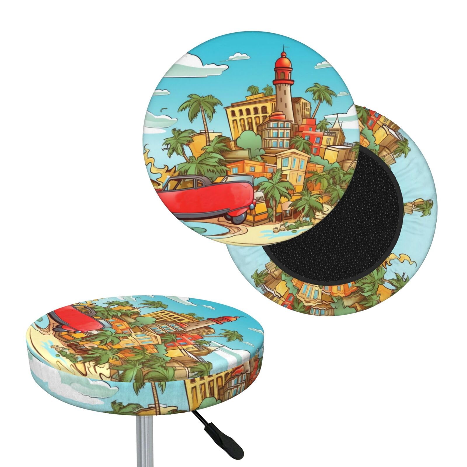 NONHAI Island of Cuba Bar Stool Cover Round Elastic Stool Cushion Covers Dustproof Bar Chair Cover Washable Stool Cushion Slipcover Stretch Stool Seat Covers for 12-14 Inch Chair