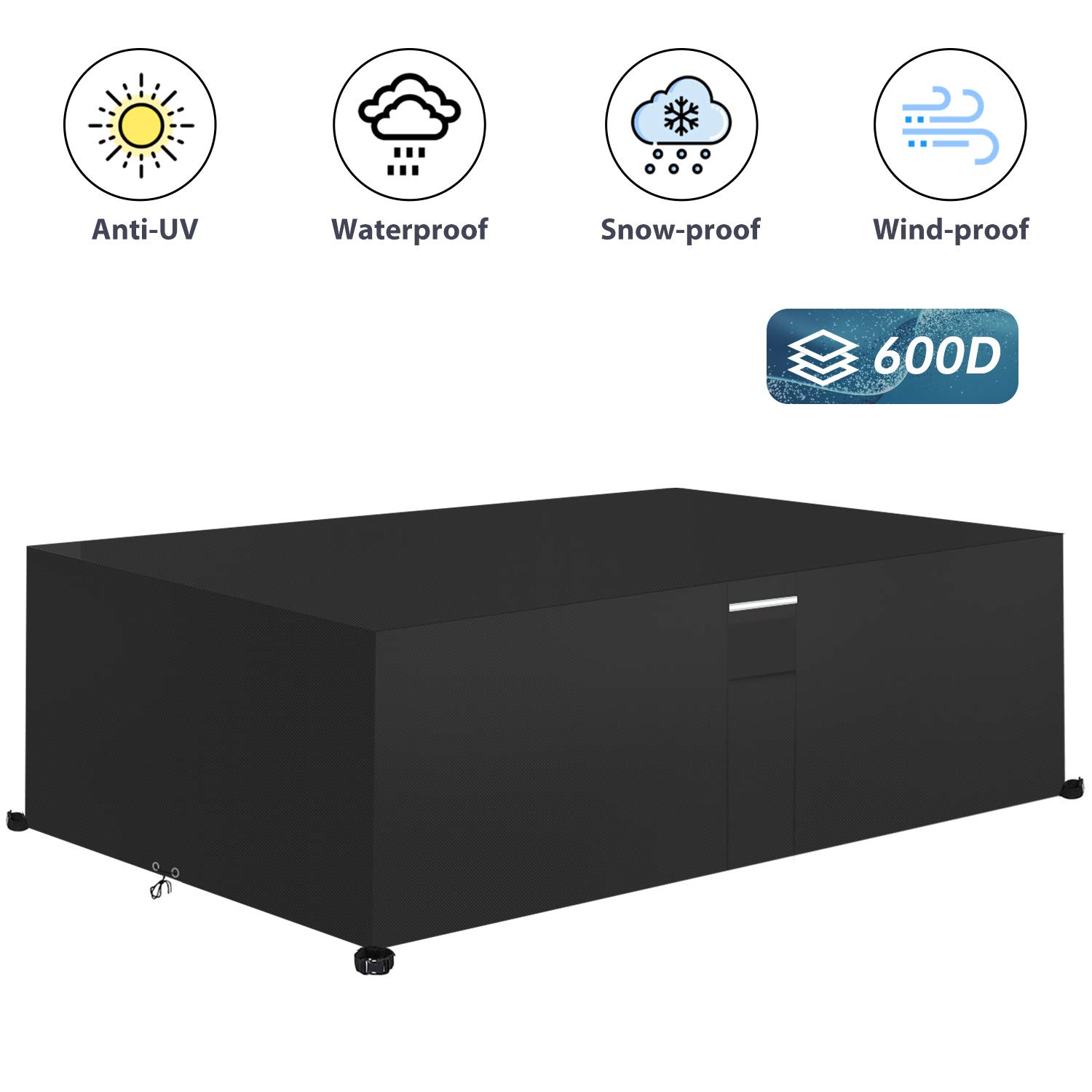 PATIO PLUS Rectangular Garden Furniture Set Covers with Air Vent, 600D Oxford Fabric Heavy Duty Patio Set Table Cover for Outdoor Garden Chair and Table, Waterproof ，Windproof，Black 213x132x70cm