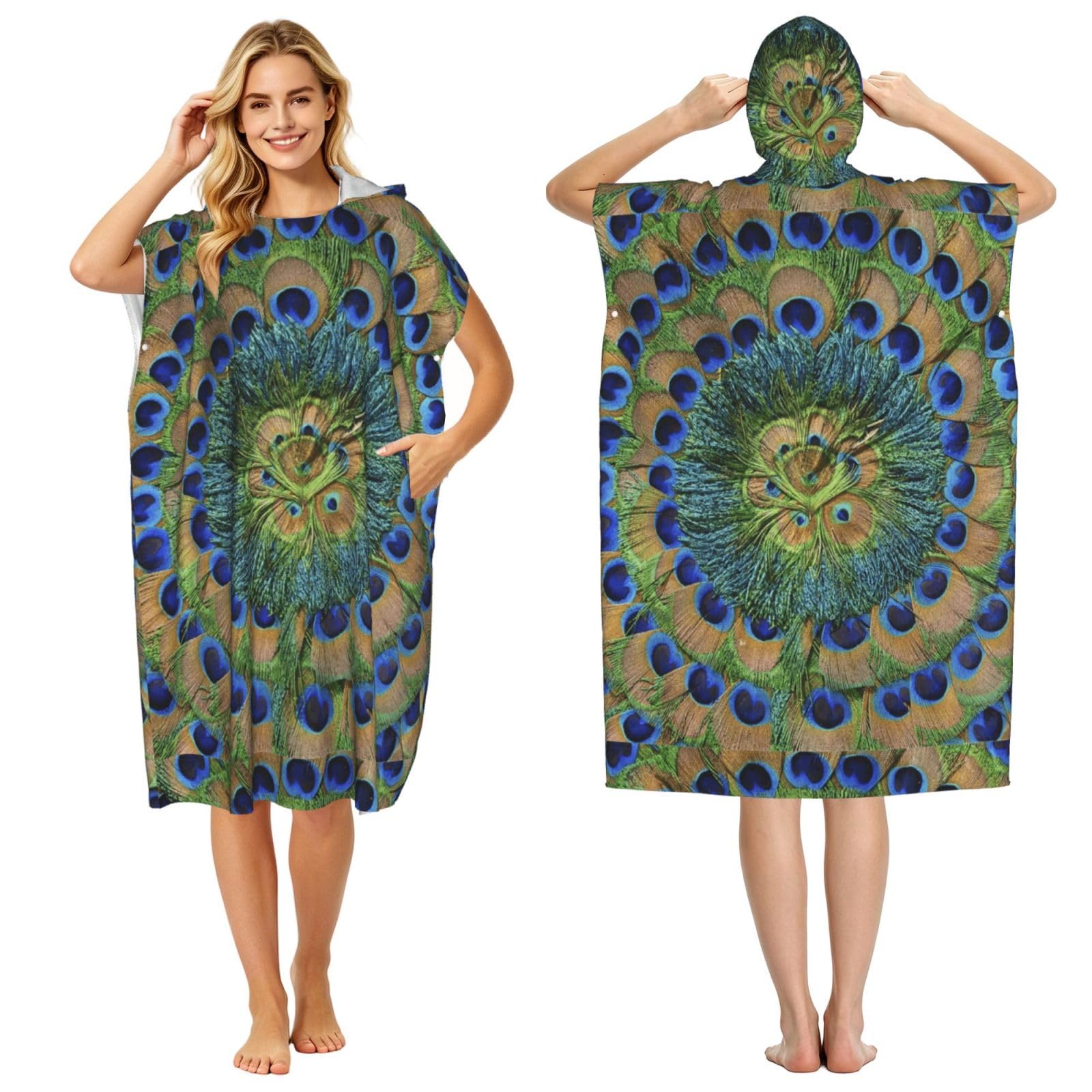 Poadnly Fashion Peacock Feathers, Adult Hooded Beach Towel 90 x 110 cm,Changing Bath Robe, Surf Poncho Towel For Women Men