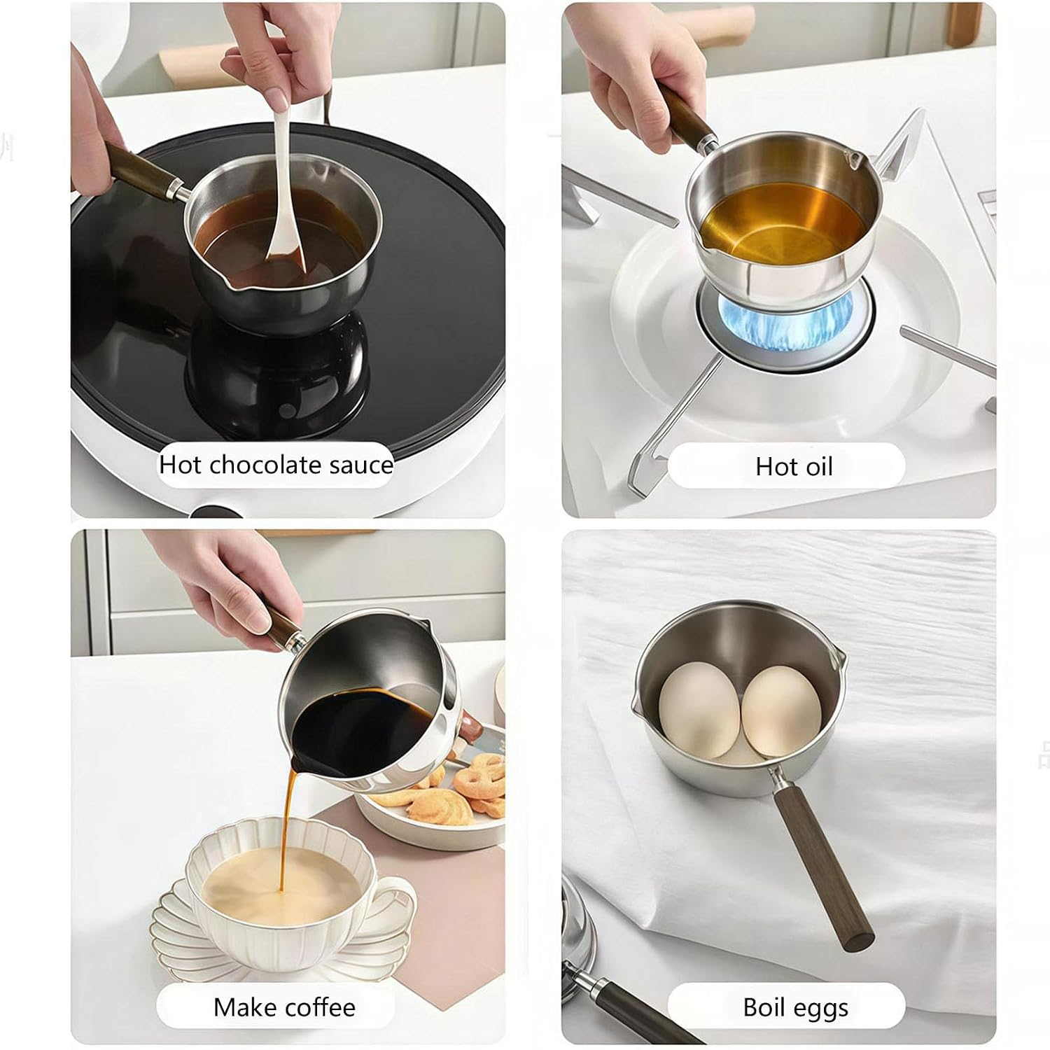 Wood Handle Stainless Steel Saucepan for Heating Milk and Melting Butter Utensils Set Stainless Steel Butter Melter Pan with Wooden Handle for Coffee and Hot Chocolate